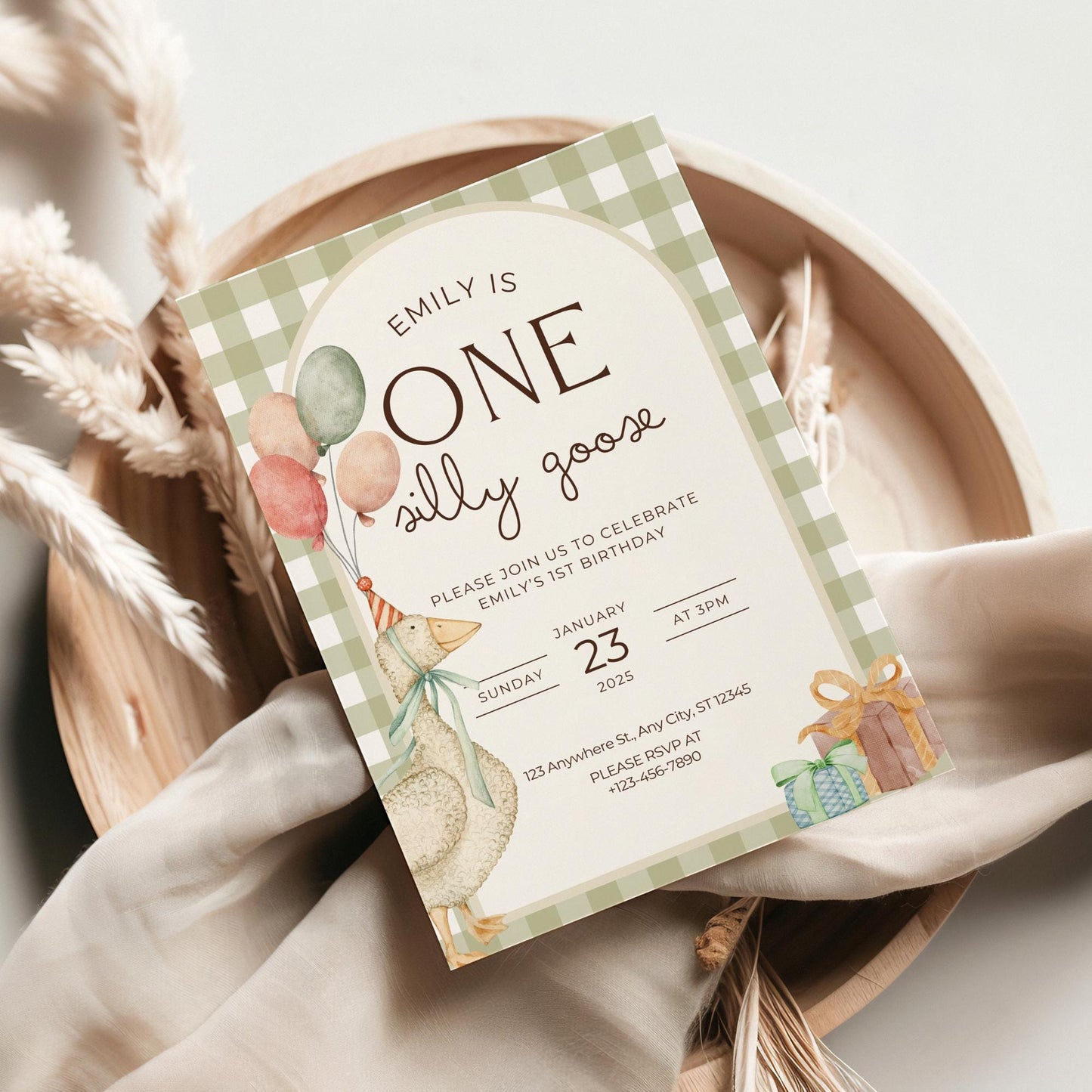 One Silly Goose Birthday Invite Gender Neutral First Birthday 1st Birthday Silly Goose Decor Editable  Invitation Nursery Rhyme Birthday