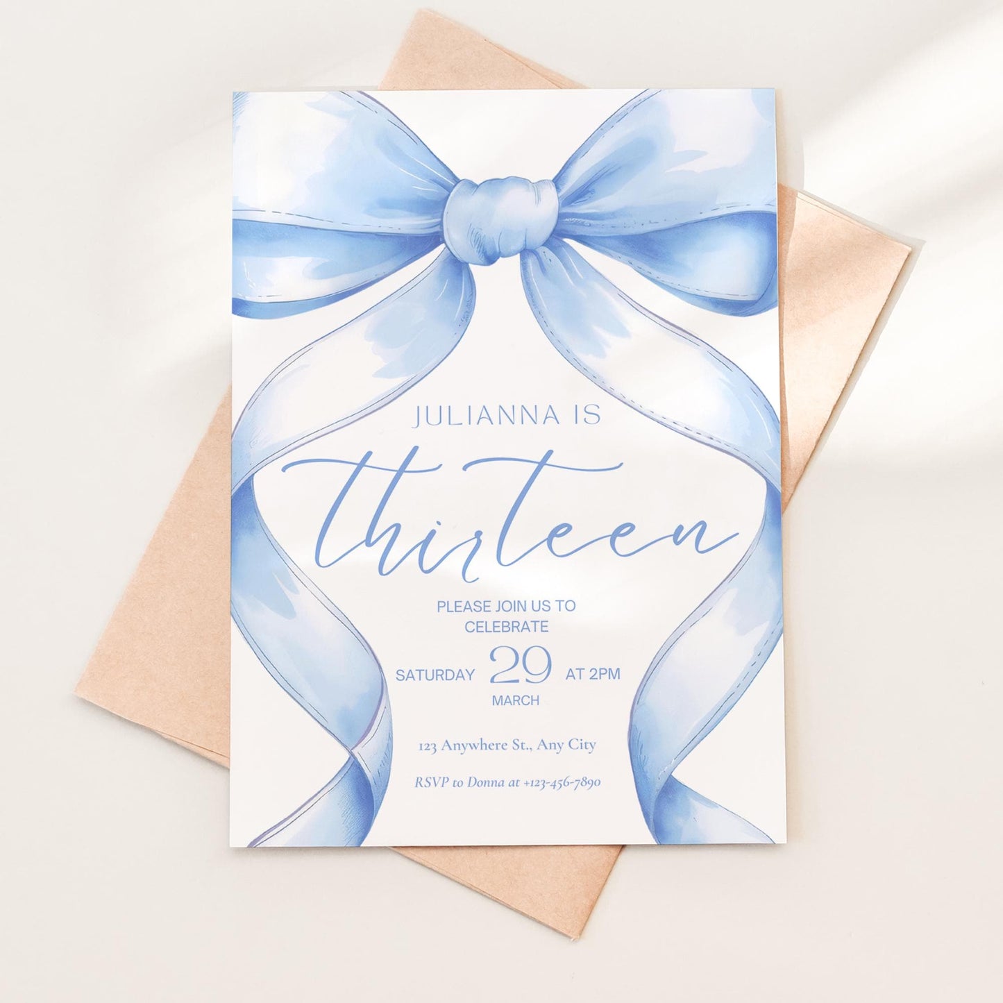 13th birthday invitation girl Blue Coquette Invite 13 year old girl Birthday Girl thirteenth Blue Bow Birthday Teen Birthday Party
