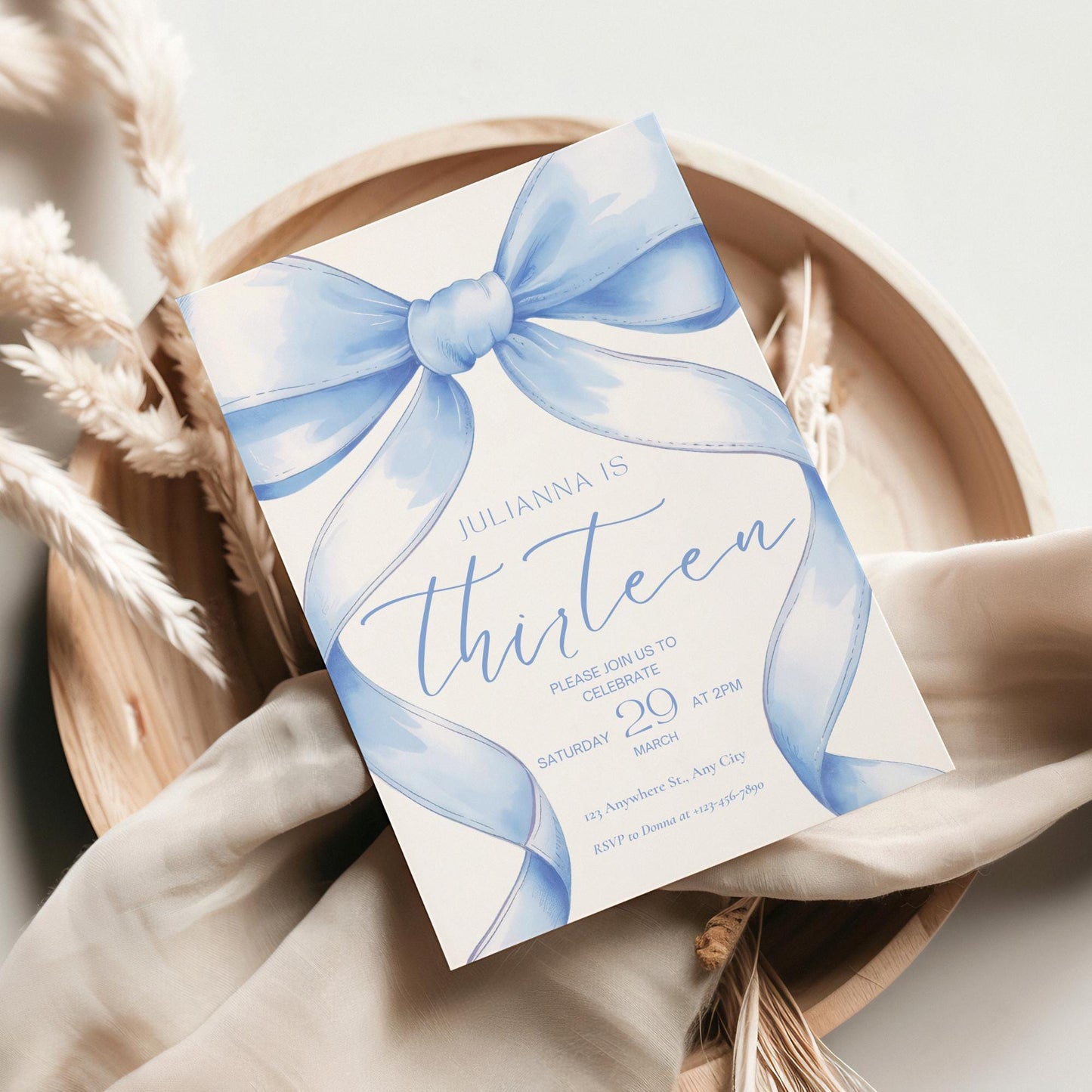 13th birthday invitation girl Blue Coquette Invite 13 year old girl Birthday Girl thirteenth Blue Bow Birthday Teen Birthday Party