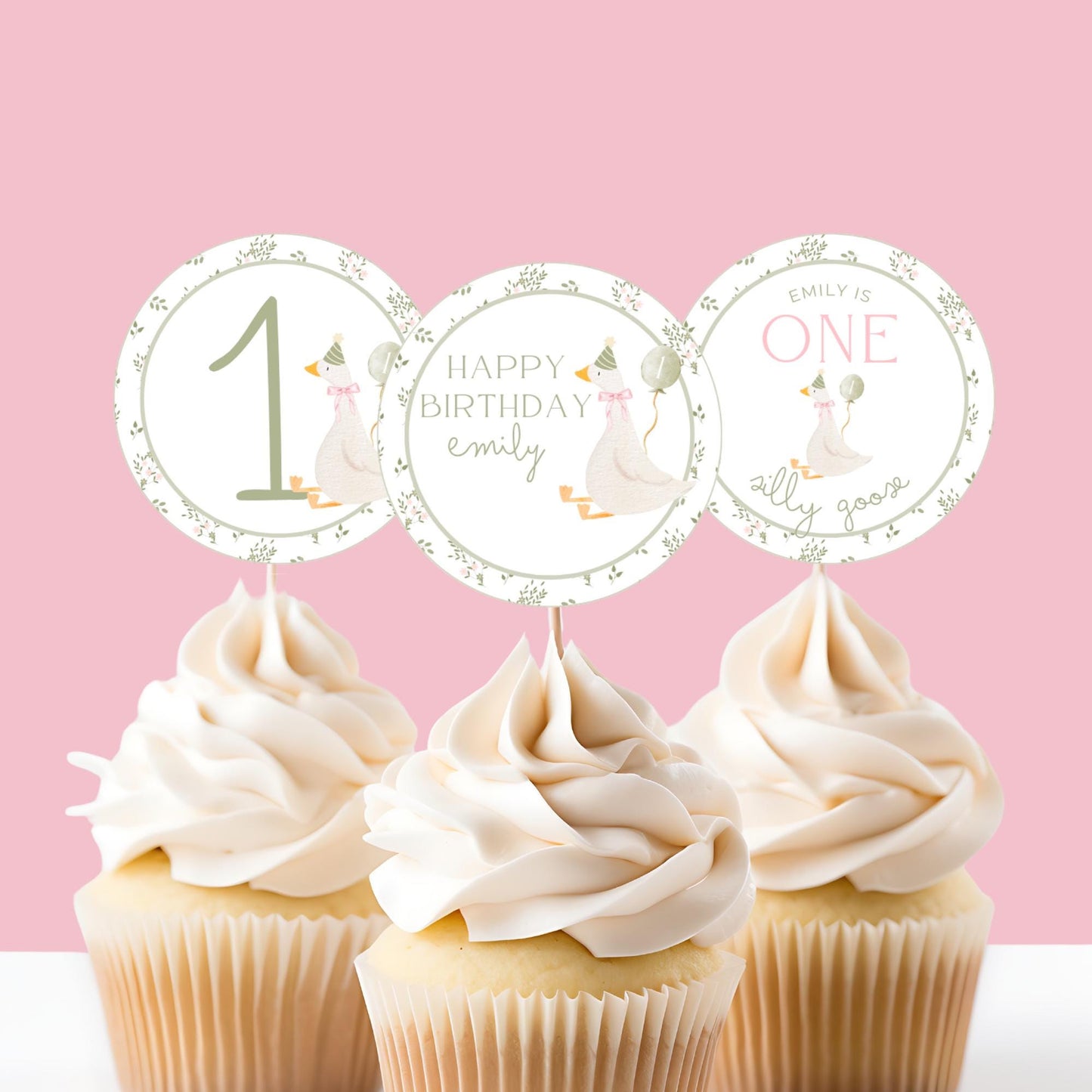 One Silly Goose Birthday Party Cupcake Toppers Editable Cake topper Goose themed Party Silly Goose First 1st Birthday Party Vintage Floral