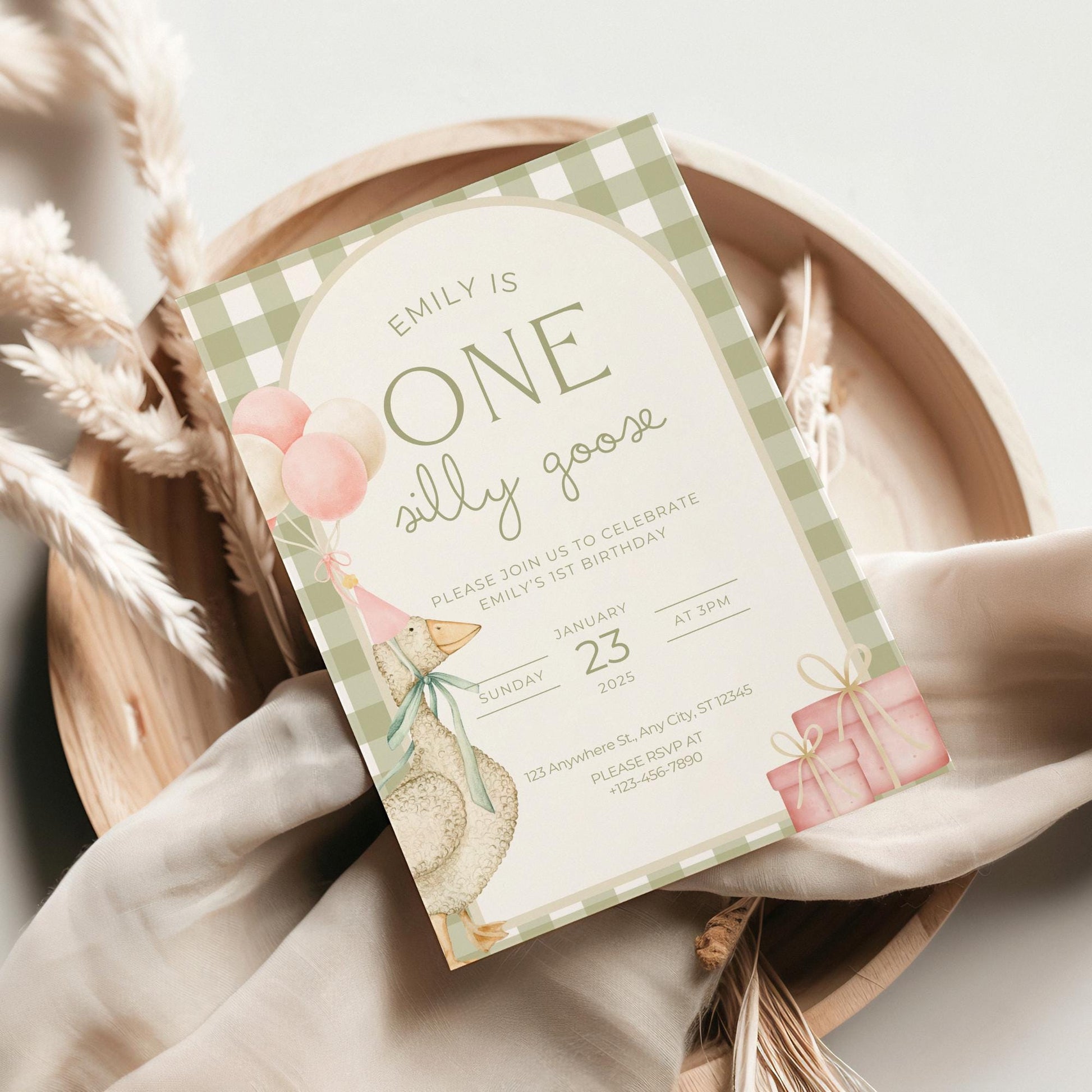 One Silly Goose Birthday Invite Dusty Pink First Birthday 1st Birthday Silly Goose Decor Editable  Invitation Nursery Rhyme Birthday