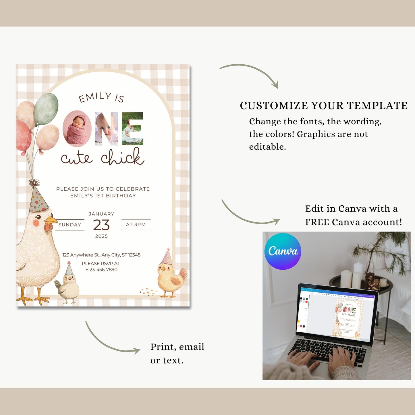 One Cute Chick Birthday This Chick is One First Birthday 1st Birthday Chicken Decor Editable Invitation Farm animal Birthday Spring 1st