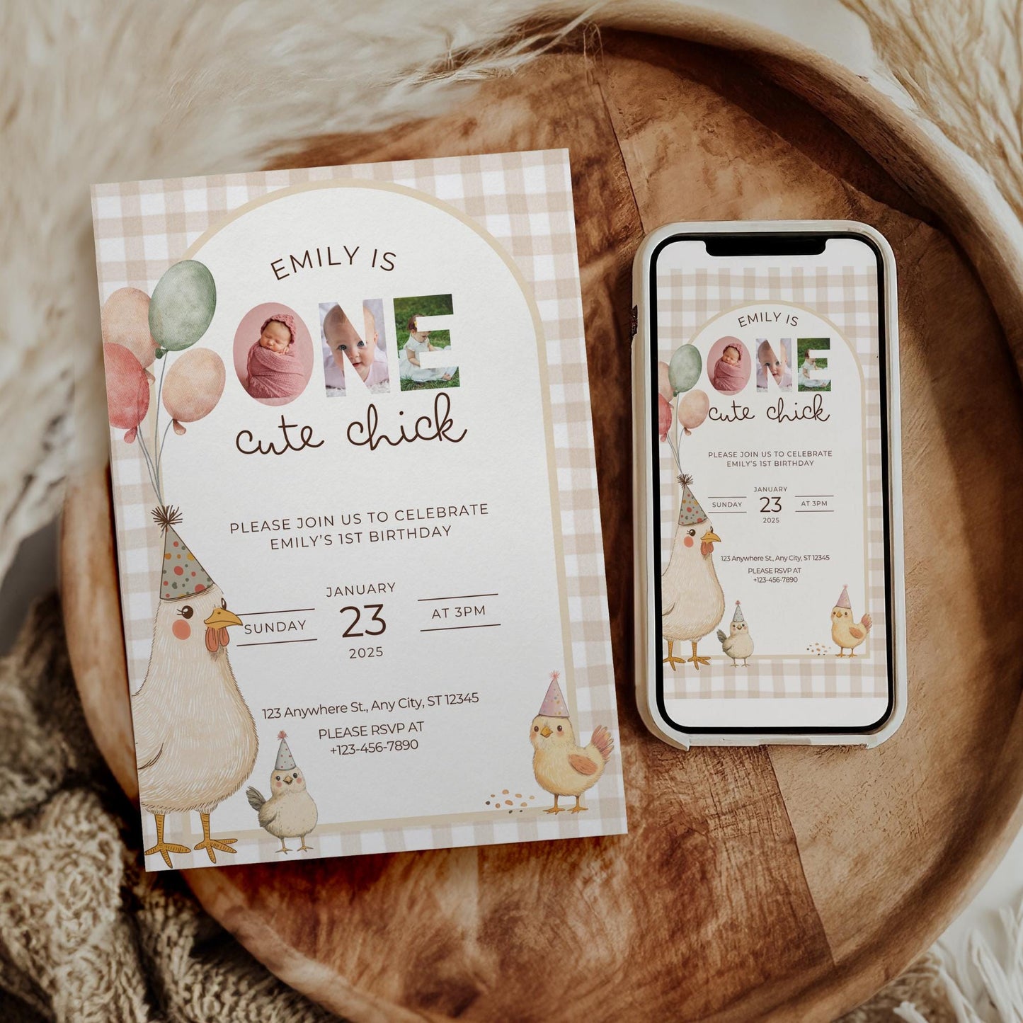 One Cute Chick Birthday This Chick is One First Birthday 1st Birthday Chicken Decor Editable Invitation Farm animal Birthday Spring 1st
