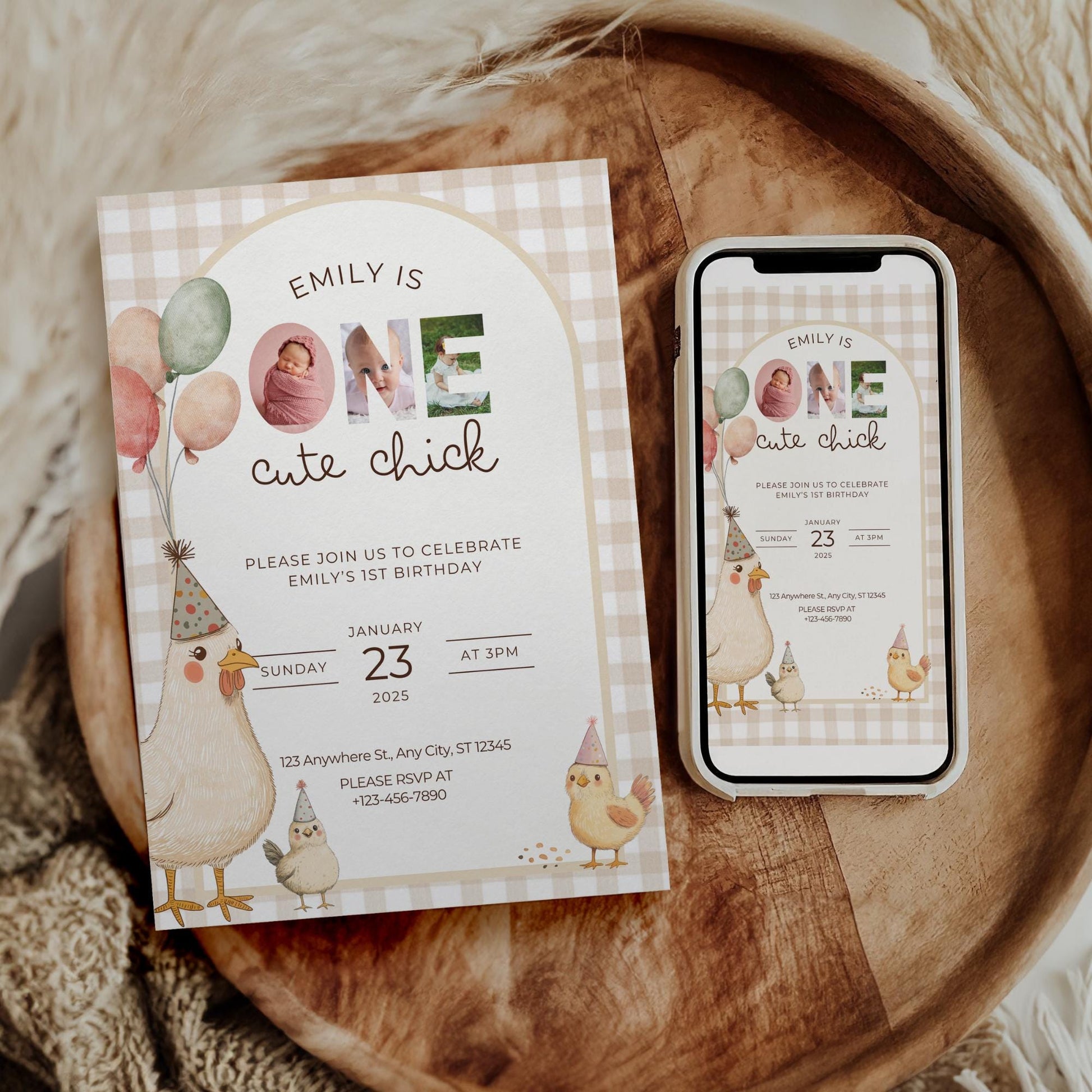 One Cute Chick Birthday This Chick is One First Birthday 1st Birthday Chicken Decor Editable Invitation Farm animal Birthday Spring 1st