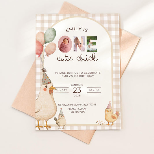 One Cute Chick Birthday This Chick is One First Birthday 1st Birthday Chicken Decor Editable Invitation Farm animal Birthday Spring 1st