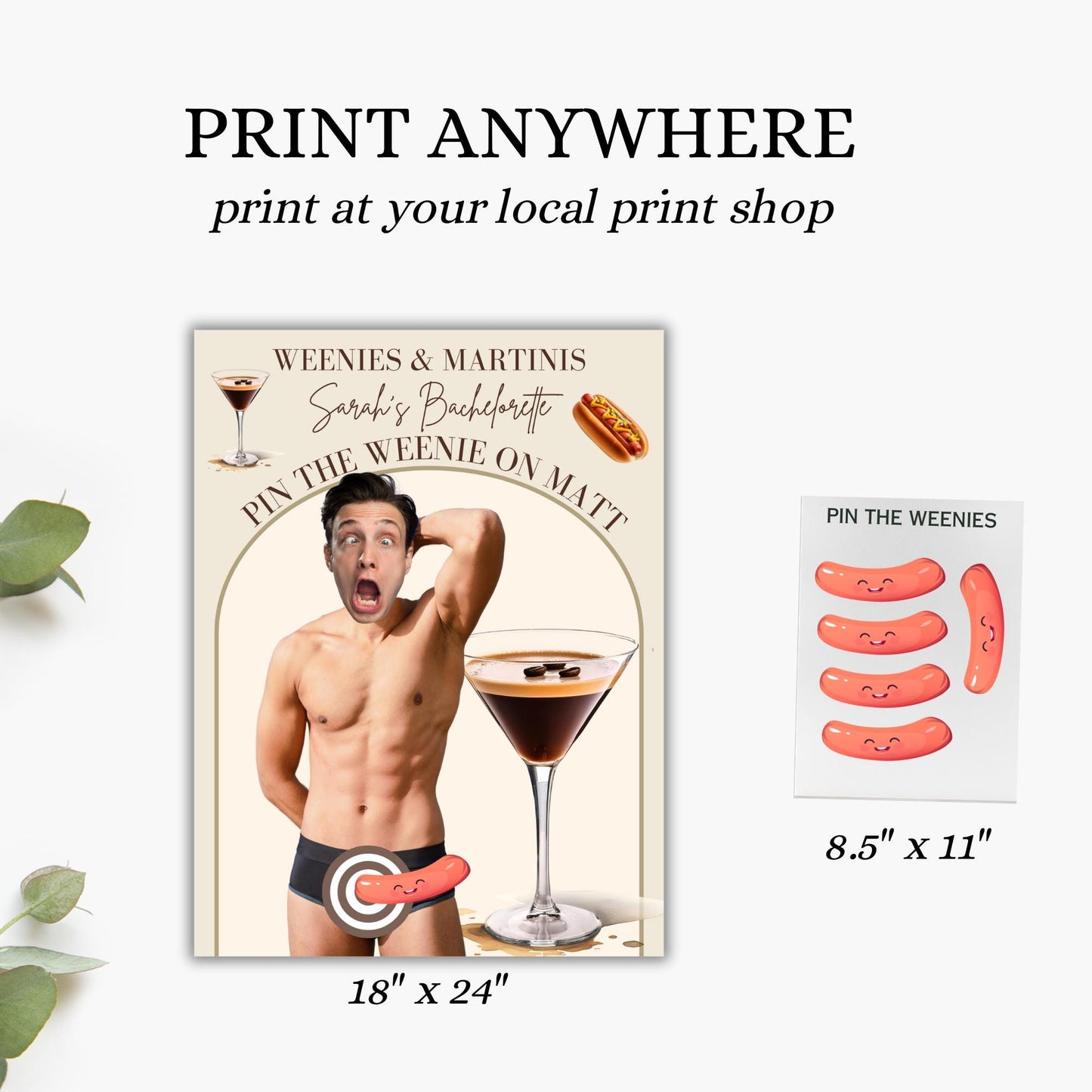 Weenies and Martinis Poster Bachelorette Game Tinis and Weenies Party Game Pin the Junk on the Hunk Espresso Martini Hen Groom Face decor