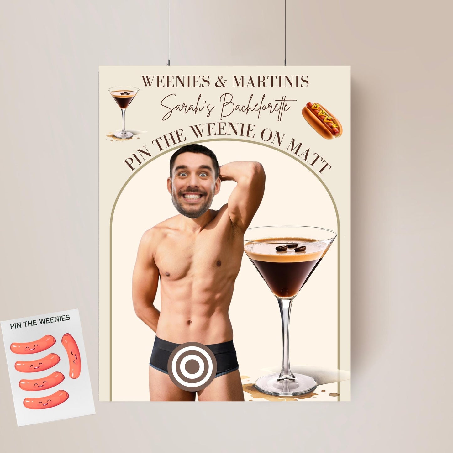 Weenies and Martinis Poster Bachelorette Game Tinis and Weenies Party Game Pin the Junk on the Hunk Espresso Martini Hen Groom Face decor