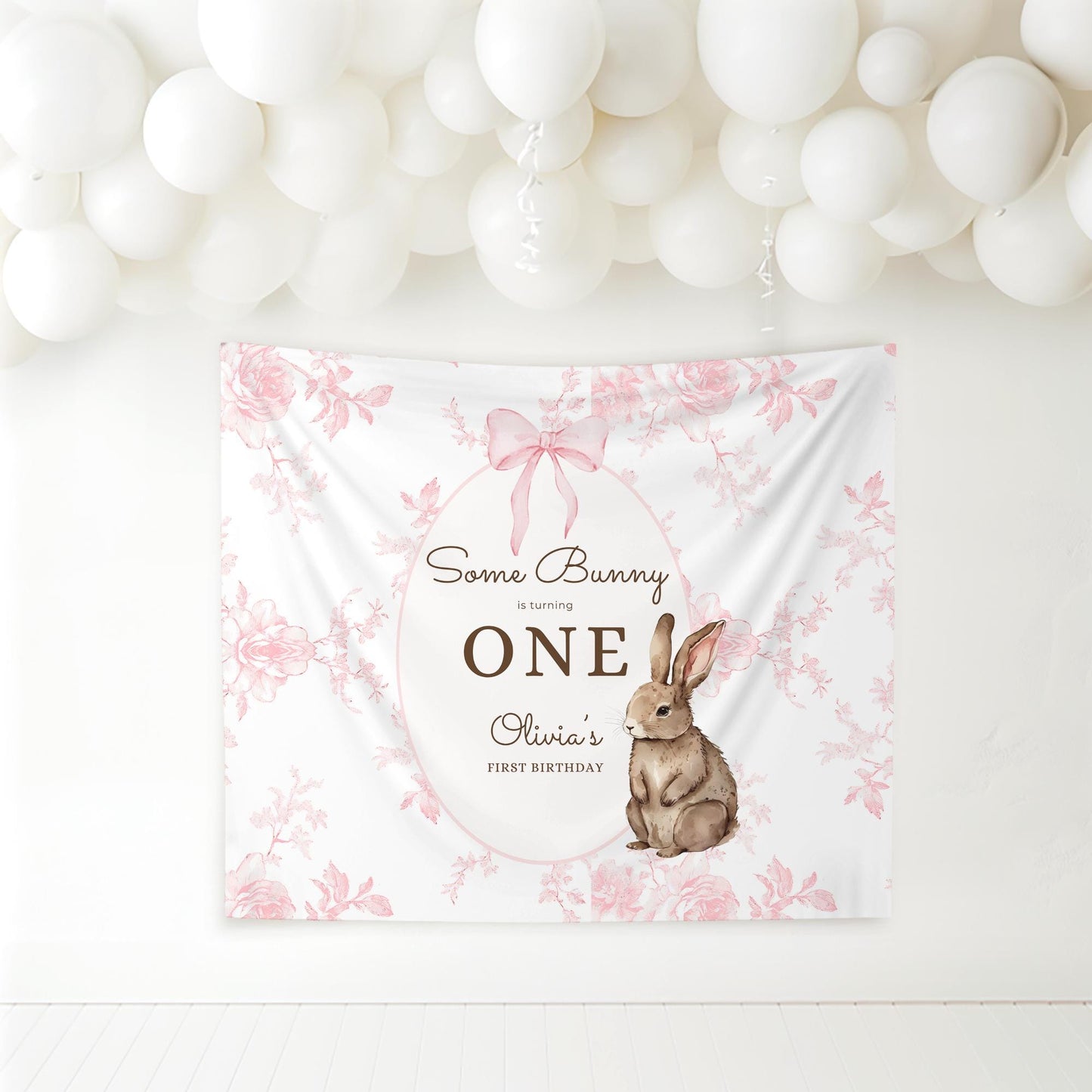 Some Bunny is One Birthday Backdrop Bunny Birthday Welcome Sign Pink Floral Bunny Banner Personalized Easter Birthday Decoration