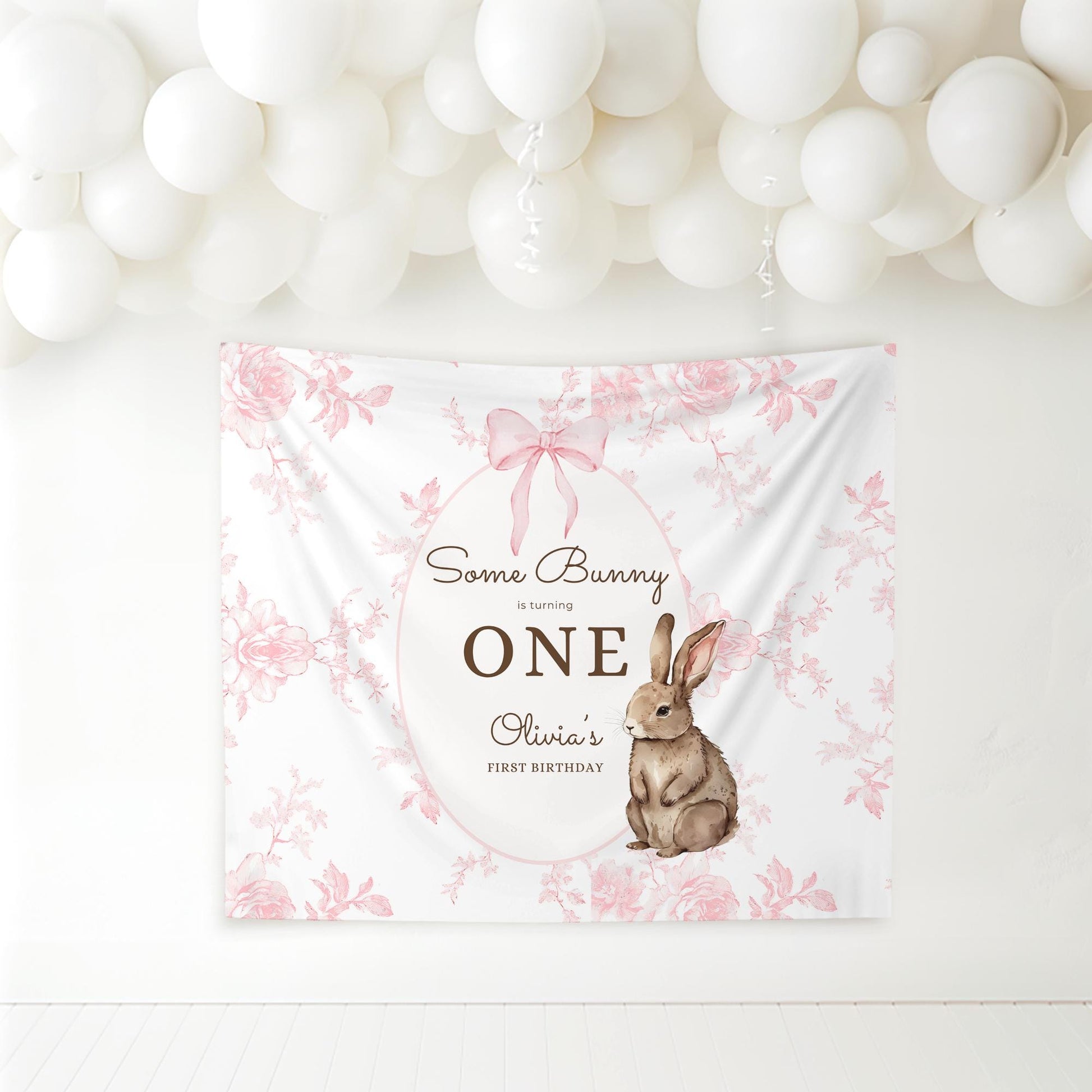 Some Bunny is One Birthday Backdrop Bunny Birthday Welcome Sign Pink Floral Bunny Banner Personalized Easter Birthday Decoration