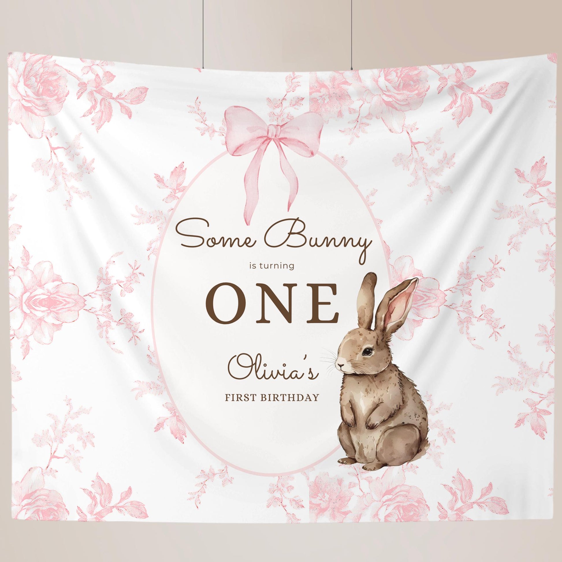 Some Bunny is One Birthday Backdrop Bunny Birthday Welcome Sign Pink Floral Bunny Banner Personalized Easter Birthday Decoration
