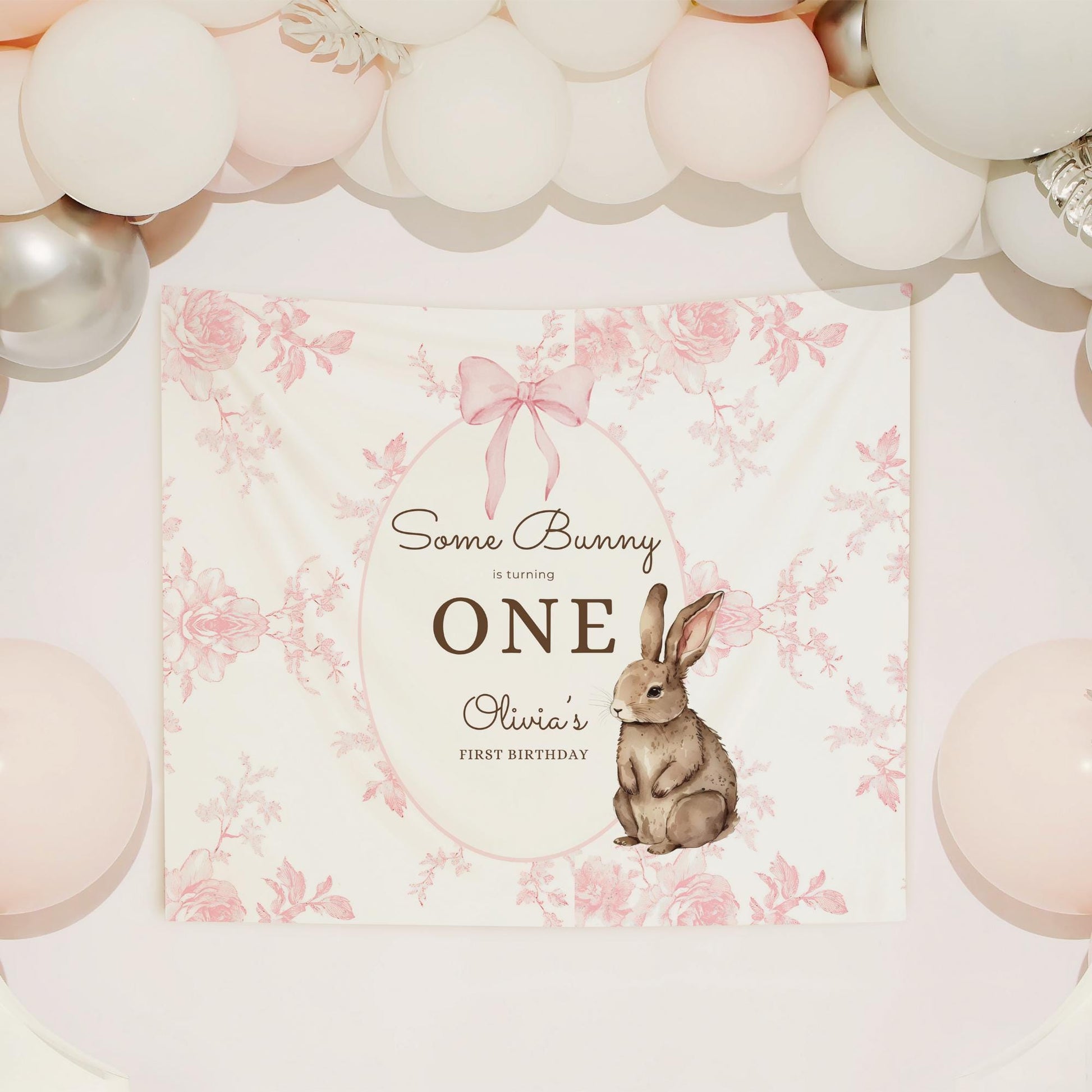 Some Bunny is One Birthday Backdrop Bunny Birthday Welcome Sign Pink Floral Bunny Banner Personalized Easter Birthday Decoration