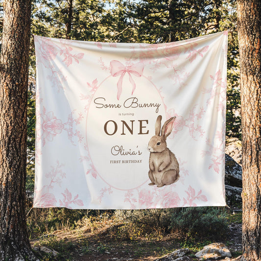 Some Bunny is One Birthday Backdrop Bunny Birthday Welcome Sign Pink Floral Bunny Banner Personalized Easter Birthday Decoration