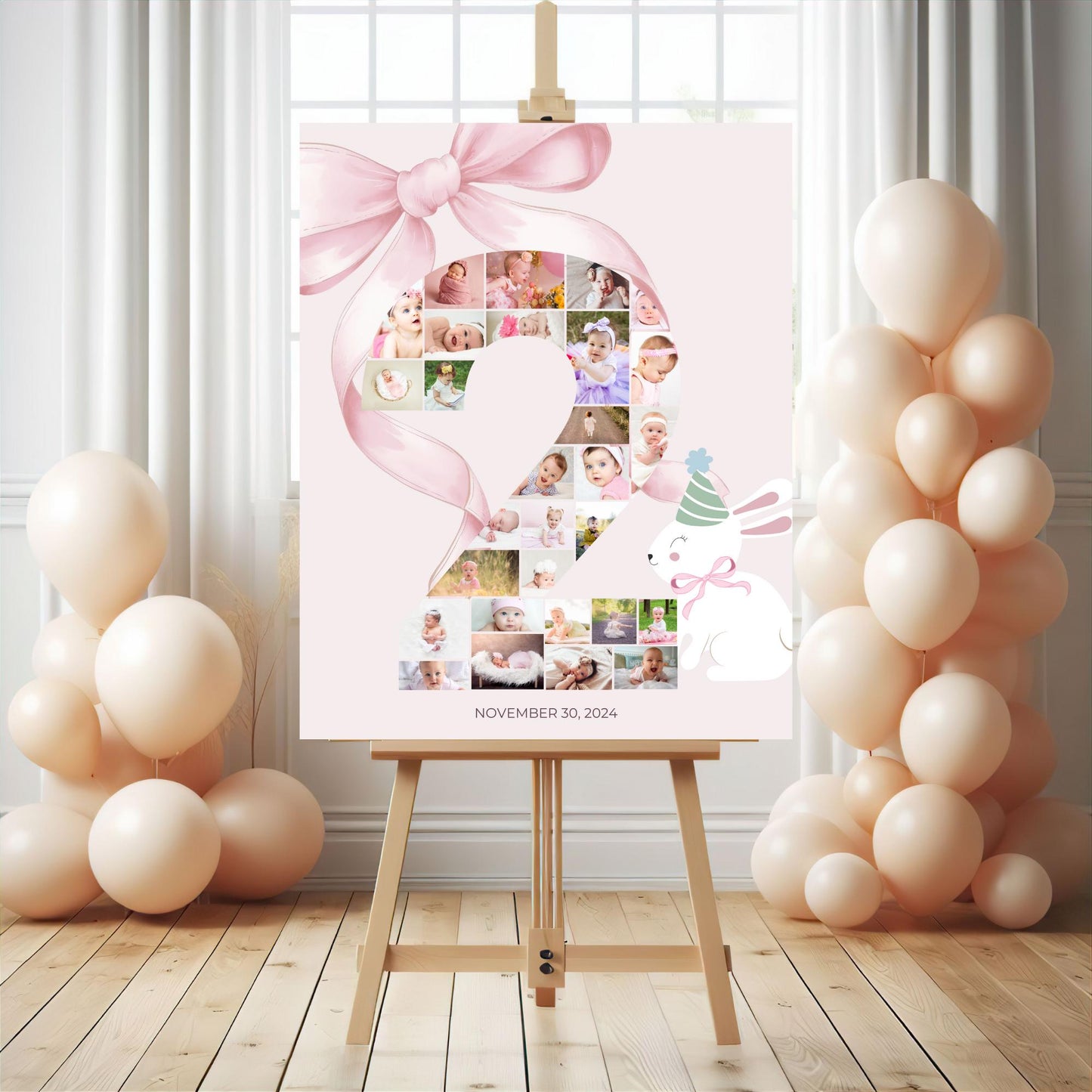 Pink Bow 2nd Birthday Sign Photo Collage Editable Some Bunny is Two second birthday party decor Bunny Photo Banner Milestone photo sign