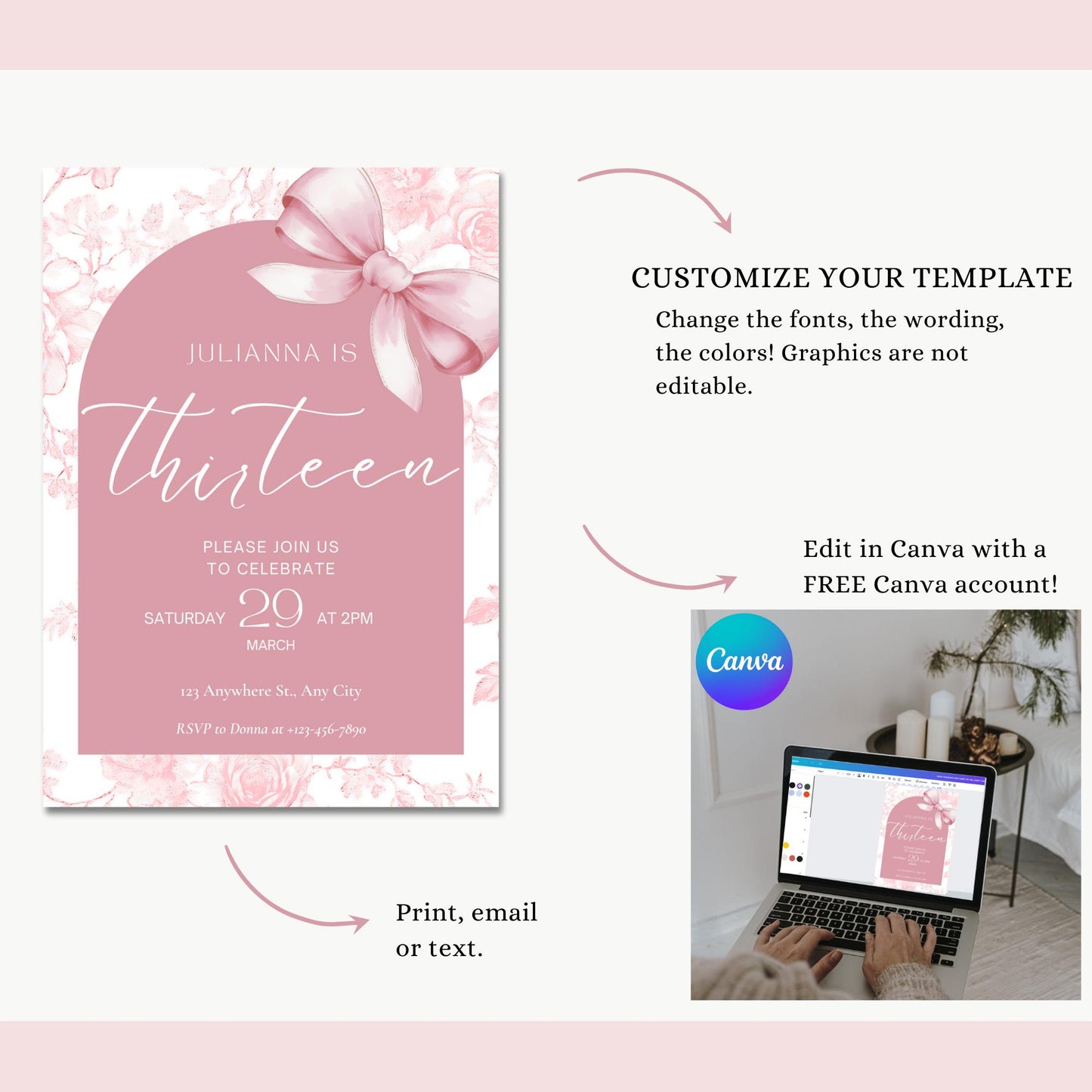 13th birthday invitation girl Pink Coquette Invite 13 year old girl Birthday Girl thirteenth Pink Bow Birthday Teen Birthday Party