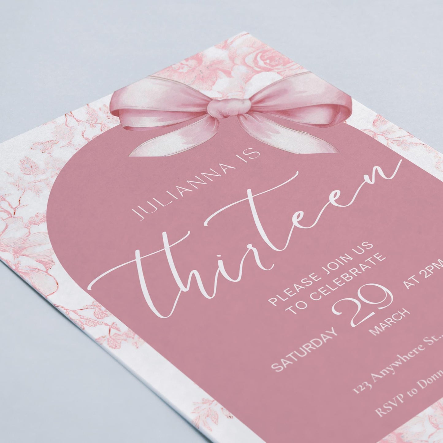 13th birthday invitation girl Pink Coquette Invite 13 year old girl Birthday Girl thirteenth Pink Bow Birthday Teen Birthday Party