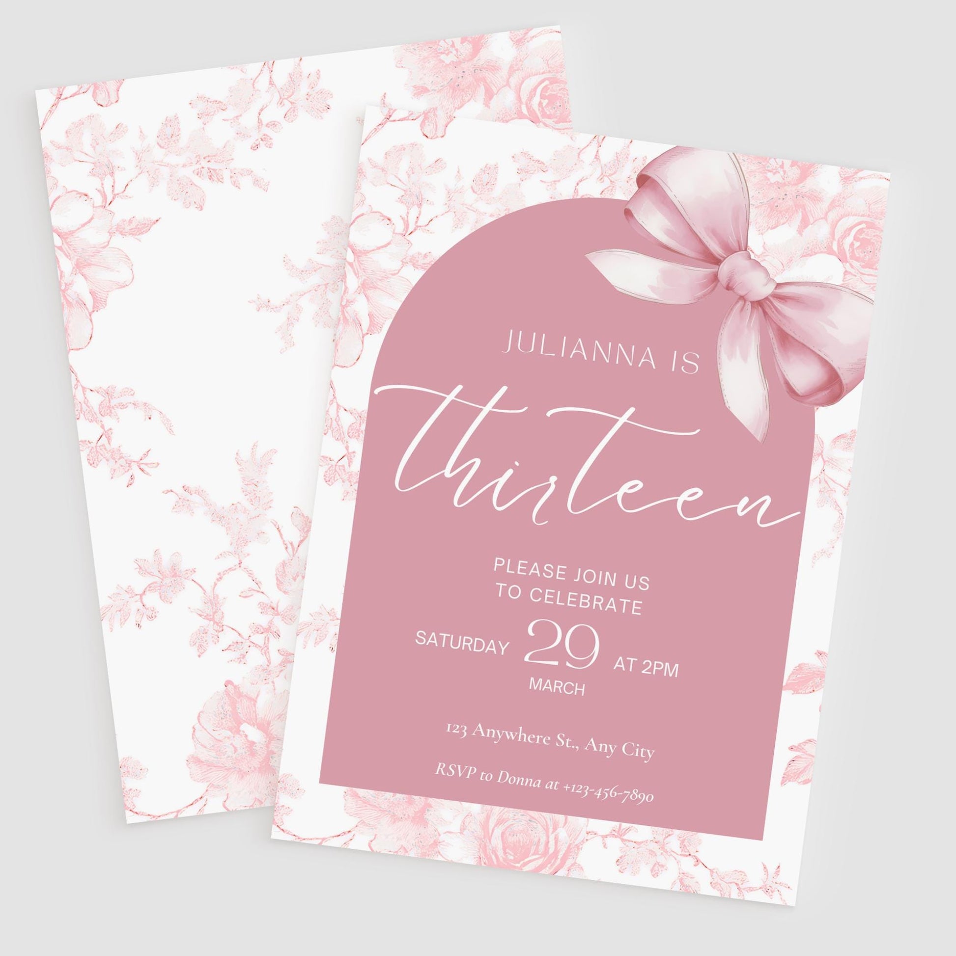 13th birthday invitation girl Pink Coquette Invite 13 year old girl Birthday Girl thirteenth Pink Bow Birthday Teen Birthday Party