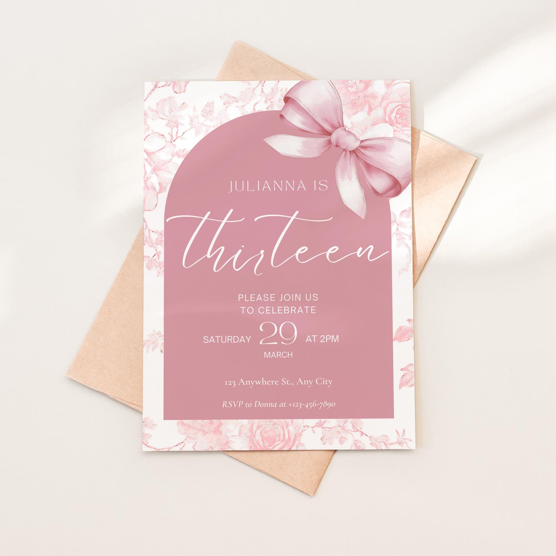 13th birthday invitation girl Pink Coquette Invite 13 year old girl Birthday Girl thirteenth Pink Bow Birthday Teen Birthday Party