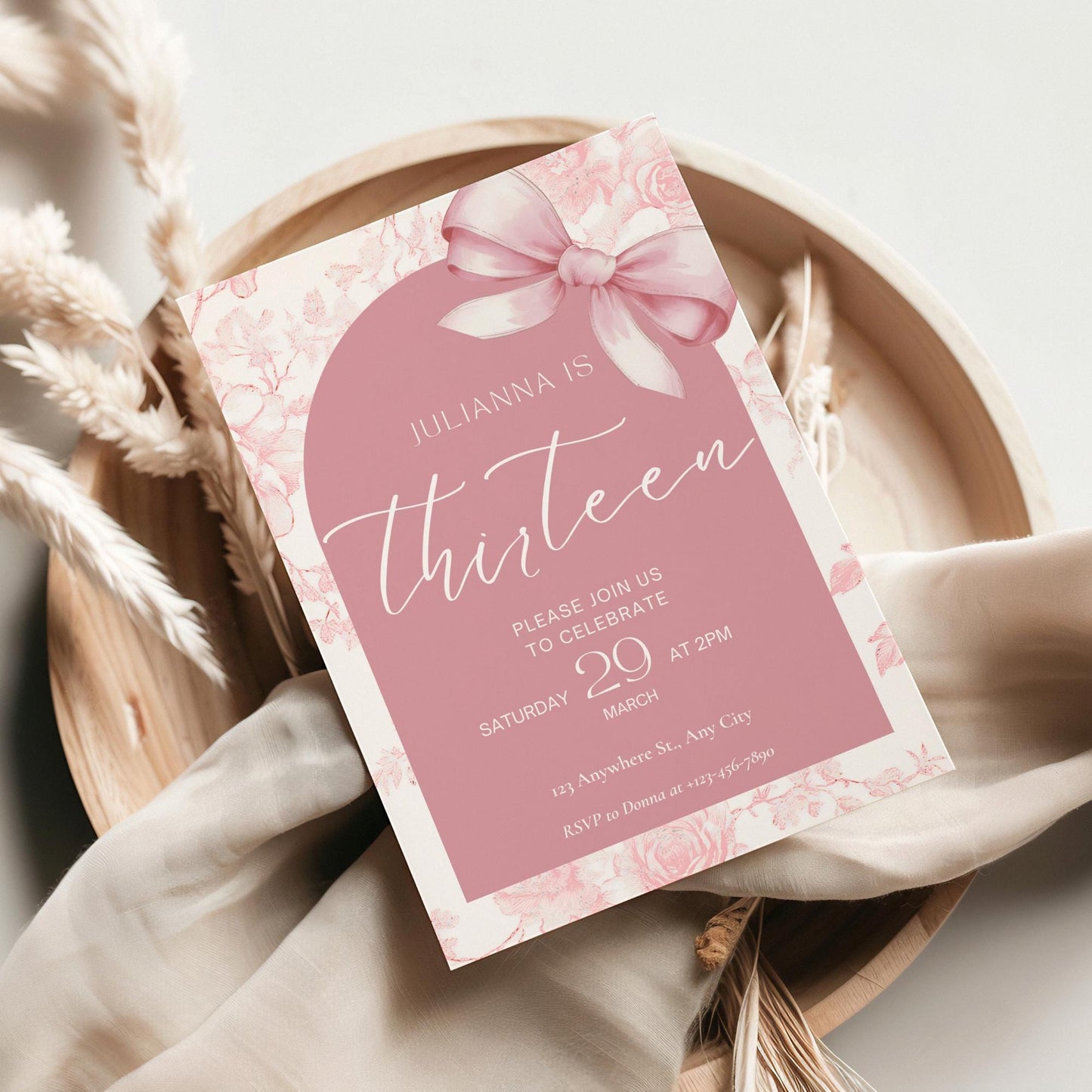 13th birthday invitation girl Pink Coquette Invite 13 year old girl Birthday Girl thirteenth Pink Bow Birthday Teen Birthday Party
