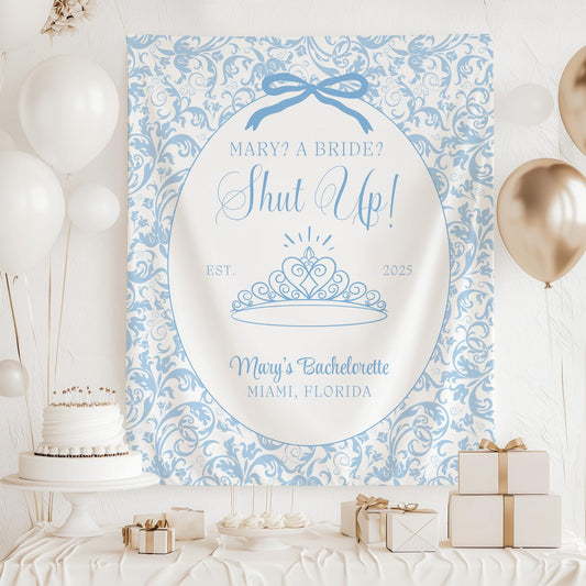 Me? A Bride? Shut Up! Banner Princess Themed Bachelorette Party Supplies Diaries Decor Princess Bridal shower Backdrop Bride Face decor Hen
