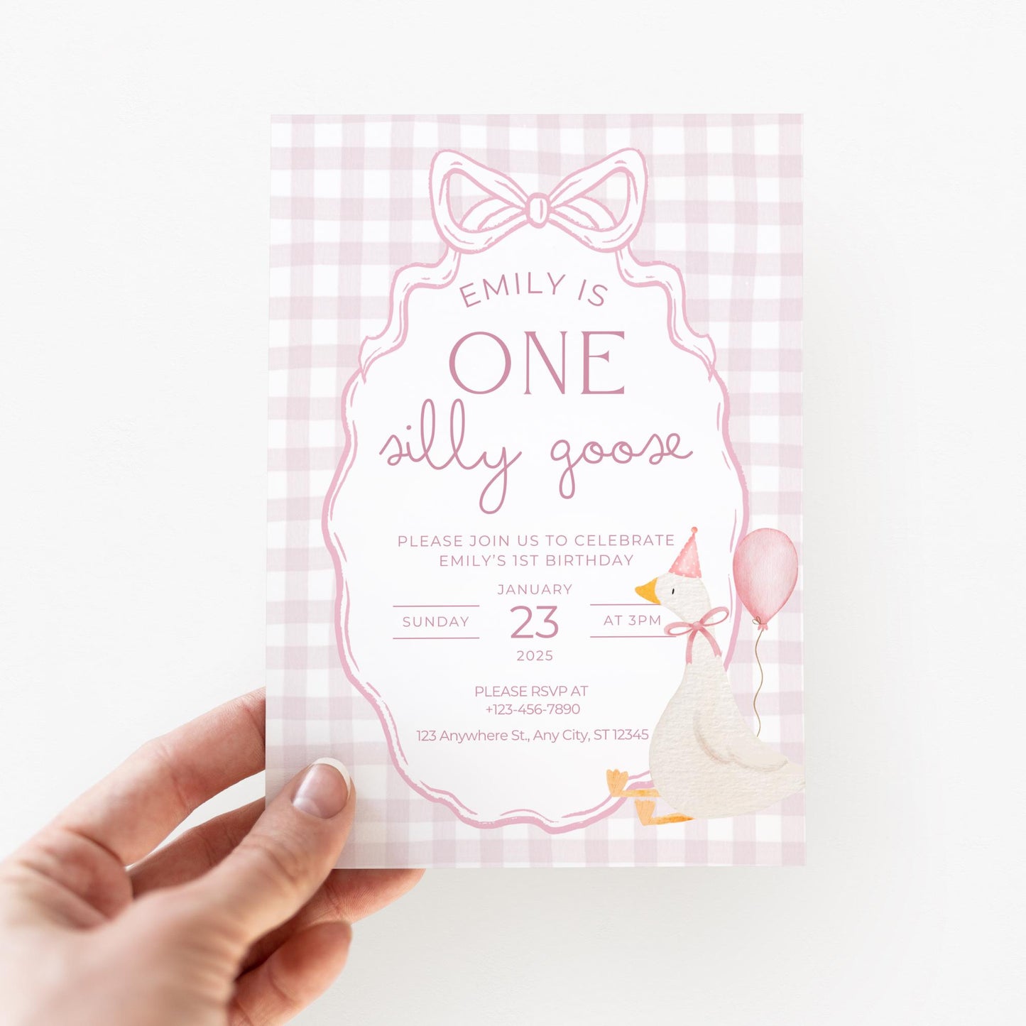 One Silly Goose Birthday Invite Pink Bow First Birthday 1st Birthday Silly Goose Decor Editable  Invitation Nursery Rhyme Birthday