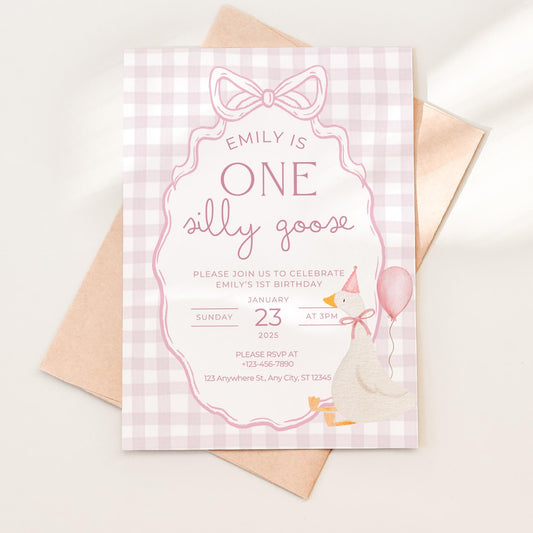 One Silly Goose Birthday Invite Pink Bow First Birthday 1st Birthday Silly Goose Decor Editable  Invitation Nursery Rhyme Birthday