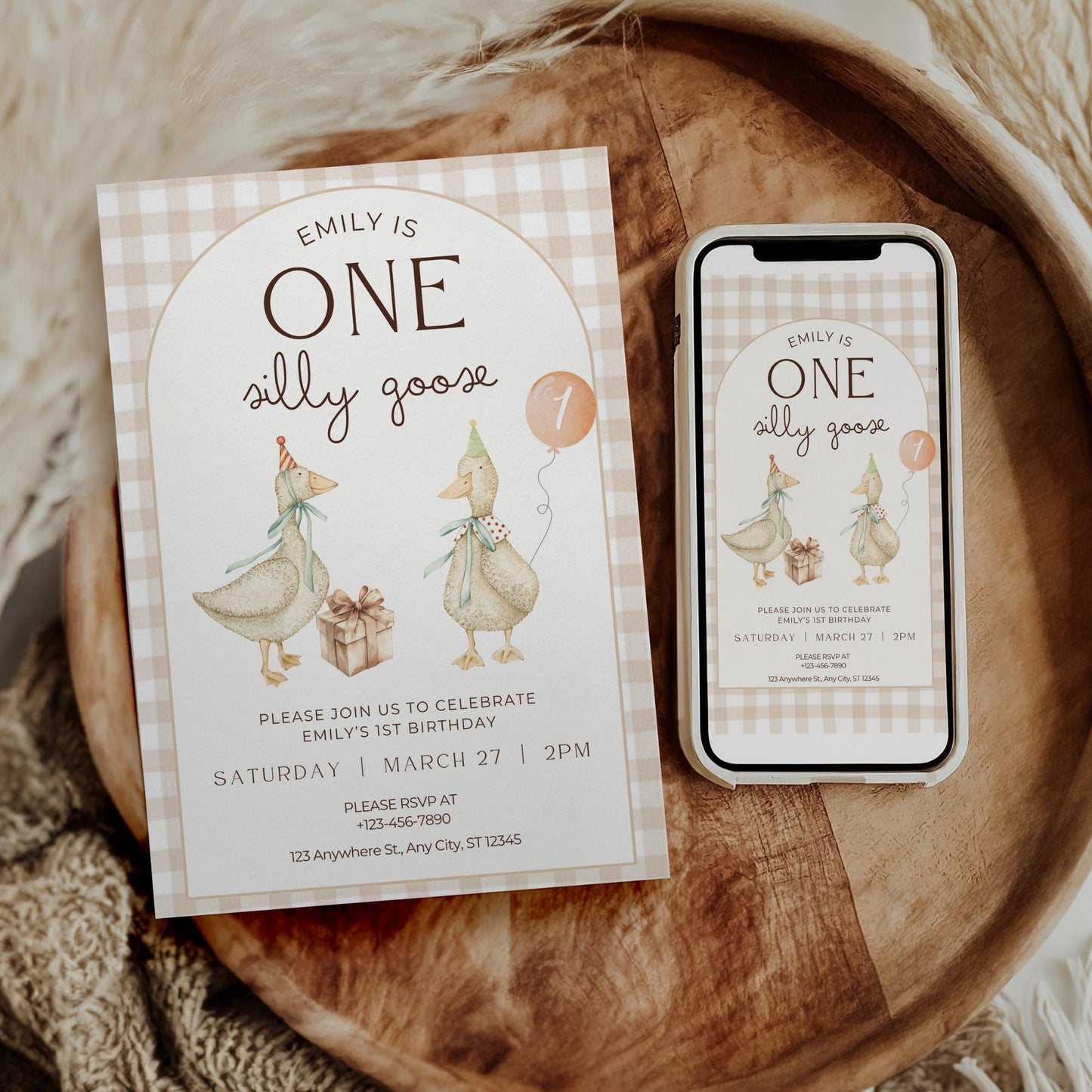One Silly Goose Birthday Invite Gender Neutral First Birthday 1st Birthday Silly Goose Decor Editable  Invitation Nursery Rhyme Birthday