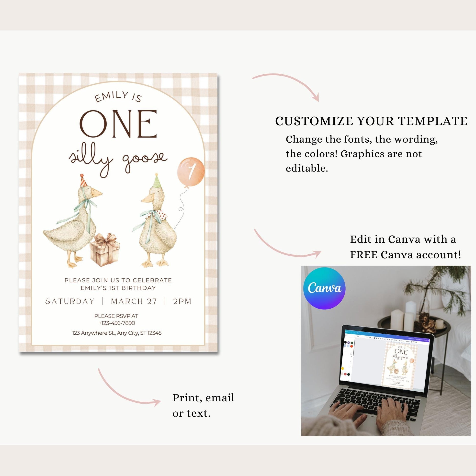 One Silly Goose Birthday Invite Gender Neutral First Birthday 1st Birthday Silly Goose Decor Editable  Invitation Nursery Rhyme Birthday