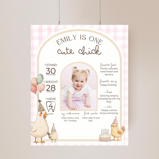 One Cute Chick Birthday Milestone Sign Editable Chicken Party Monthly Banner 1st Birthday Photo Banner Milestone photo sign