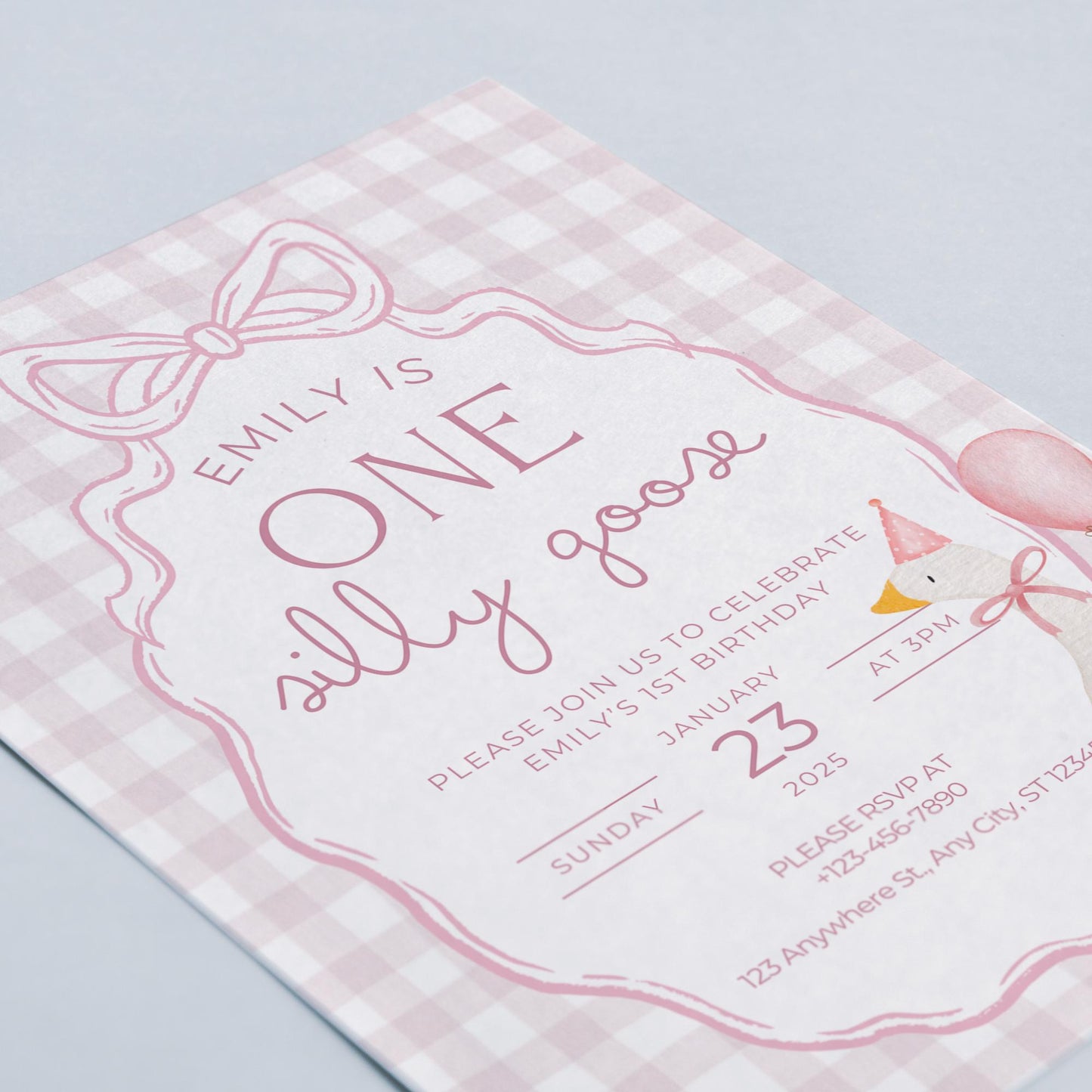 One Silly Goose Birthday Invite Pink Bow First Birthday 1st Birthday Silly Goose Decor Editable  Invitation Nursery Rhyme Birthday