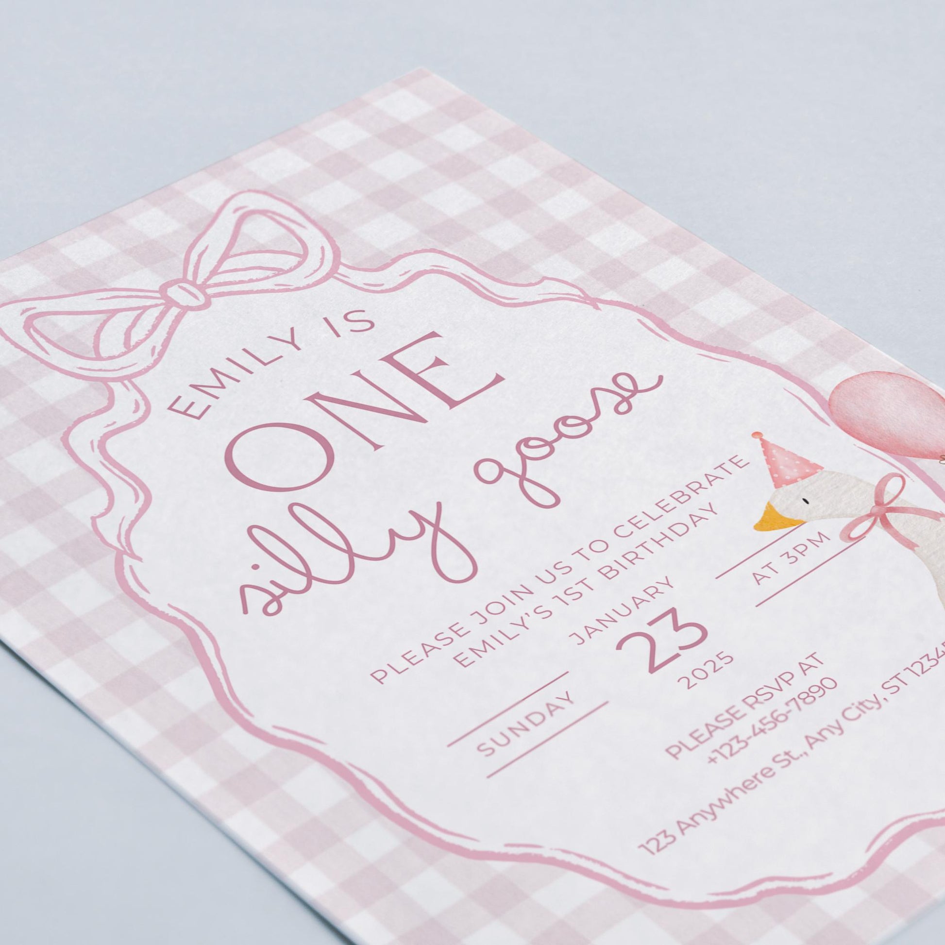 One Silly Goose Birthday Invite Pink Bow First Birthday 1st Birthday Silly Goose Decor Editable  Invitation Nursery Rhyme Birthday