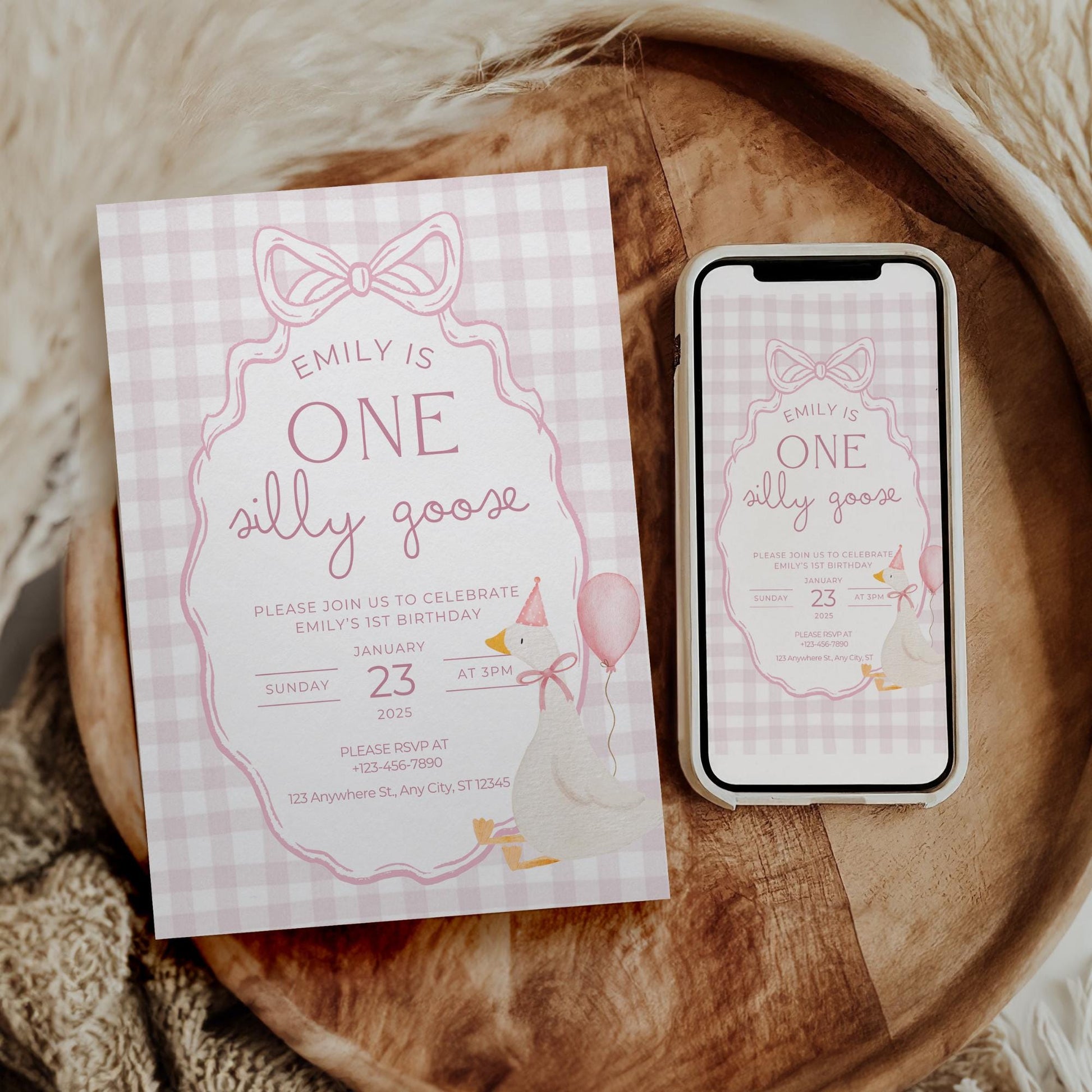 One Silly Goose Birthday Invite Pink Bow First Birthday 1st Birthday Silly Goose Decor Editable  Invitation Nursery Rhyme Birthday
