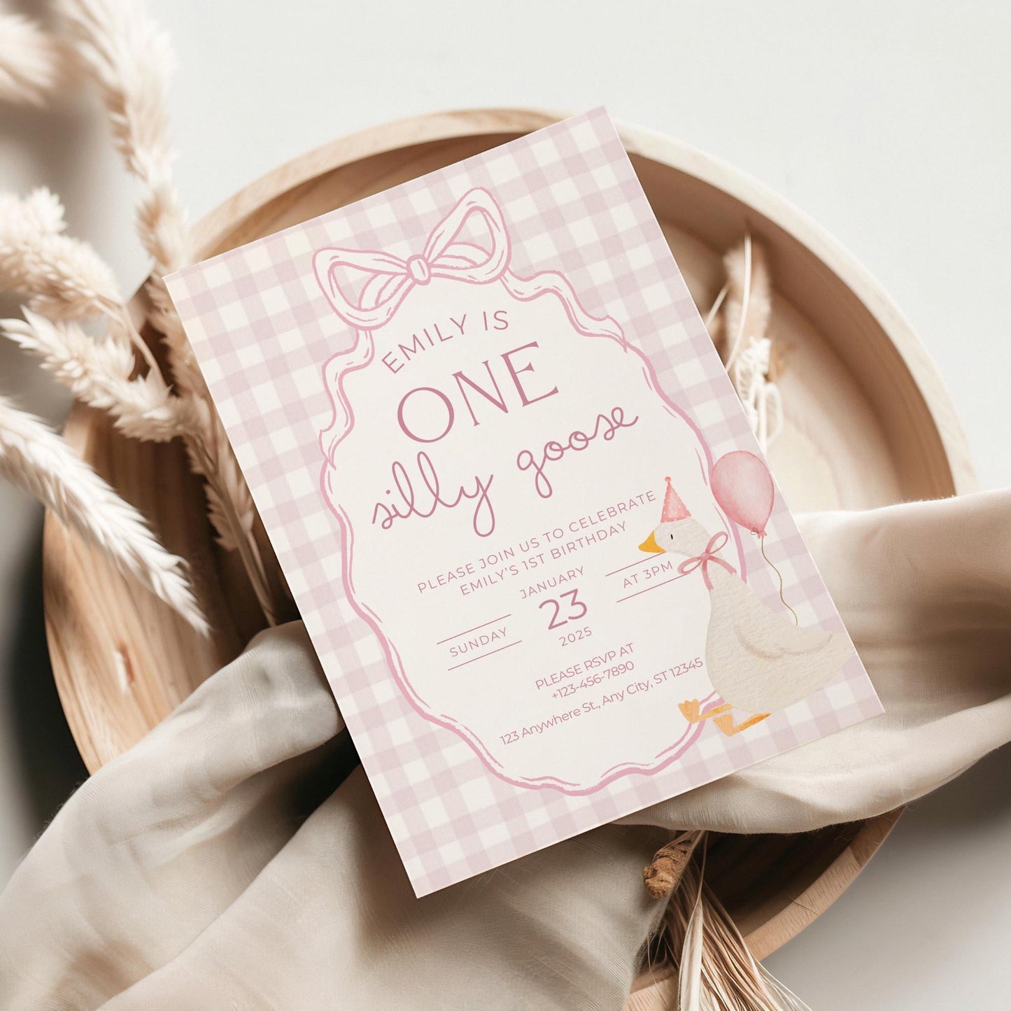 One Silly Goose Birthday Invite Pink Bow First Birthday 1st Birthday Silly Goose Decor Editable  Invitation Nursery Rhyme Birthday