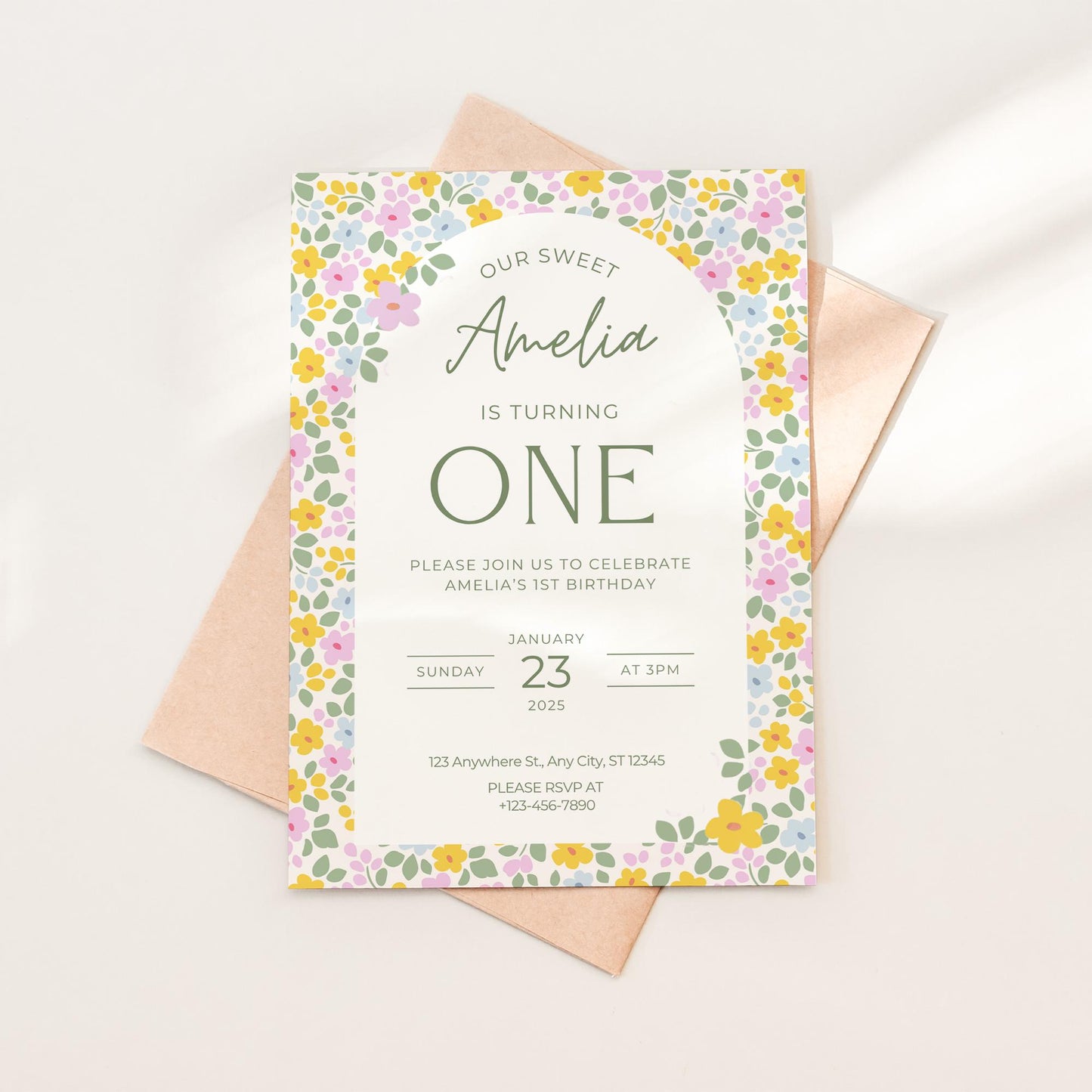 Floral First Birthday Invitation, Custom Digital Party Invite, Printable Celebration Design