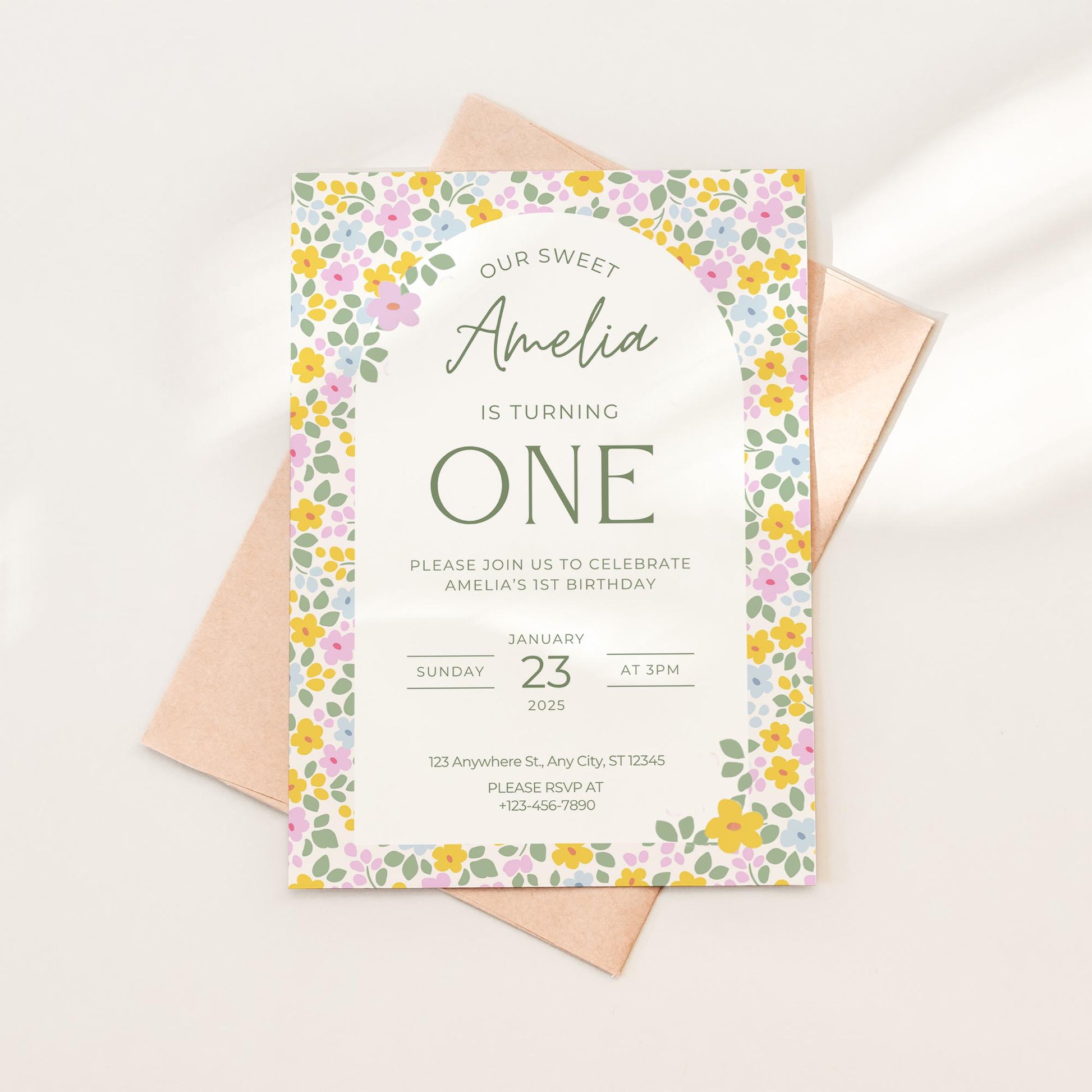 Floral First Birthday Invitation, Custom Digital Party Invite, Printable Celebration Design