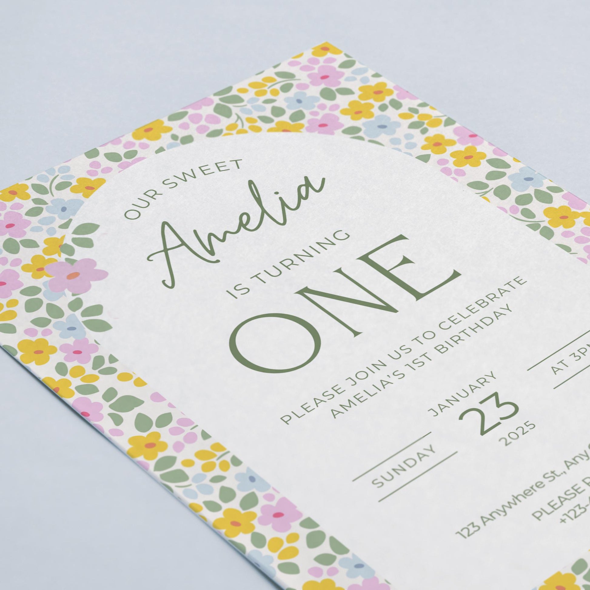 Floral First Birthday Invitation - Editable Digital Download - Girl Birthday Invite- Instant Download - Boho Floral Birthday Invite - Canva