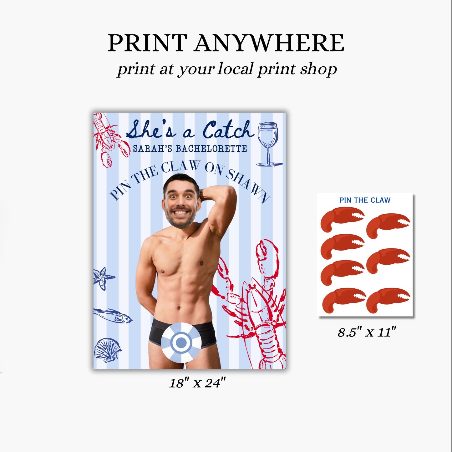 She's a Catch Bachelorette Party Game Coastal Bach Editable Games Groom Face Decor Fishing theme hen party Lobster Bach East Coast Bach Game
