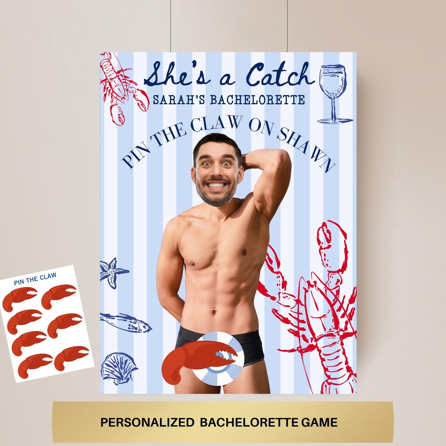 She's a Catch Bachelorette Party Game Coastal Bach Editable Games Groom Face Decor Fishing theme hen party Lobster Bach East Coast Bach Game