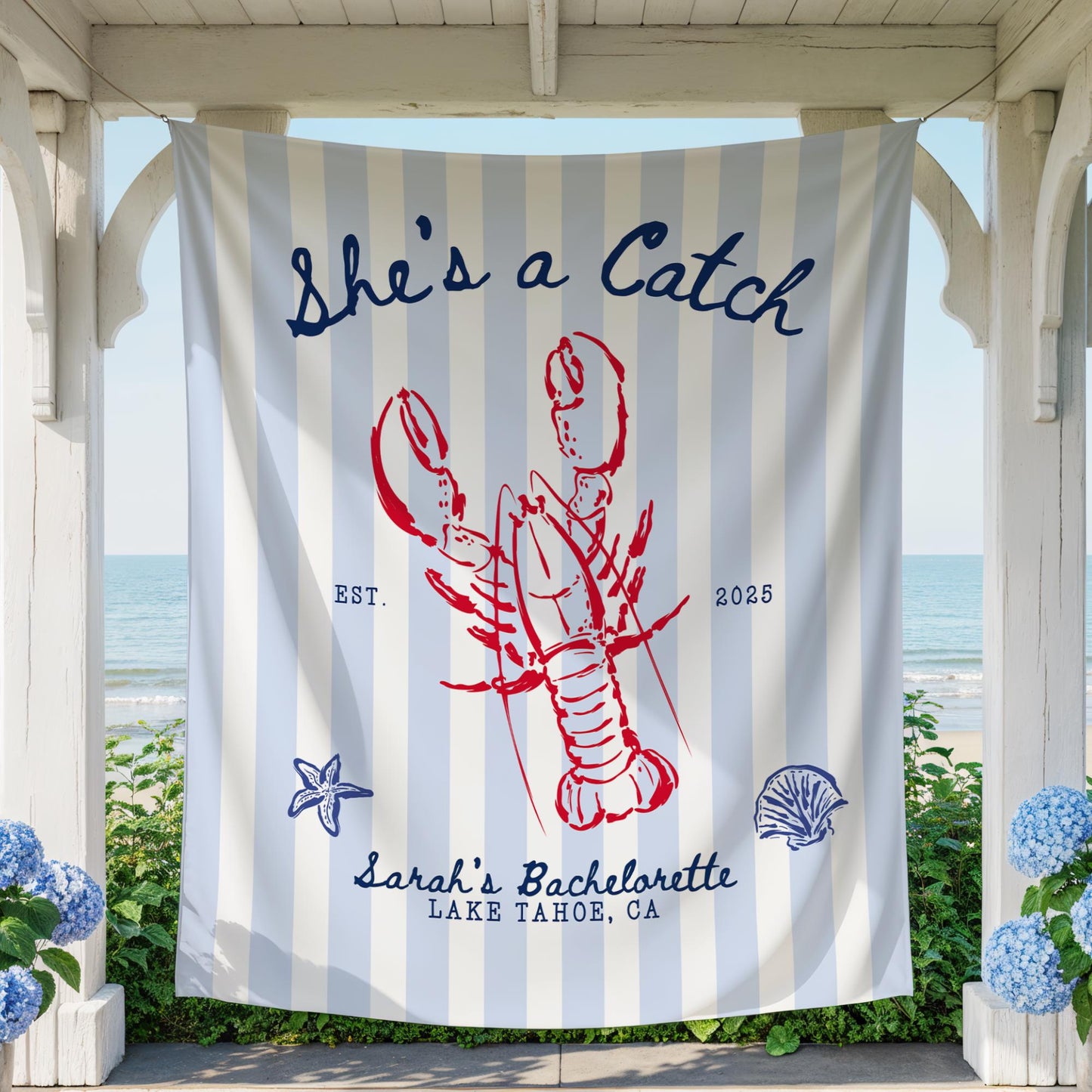 She's a Catch Bachelorette Banner Custom Lobster Theme Bachelorette Decor East Coast Bridal Shower Photo Backdrop Coastal Bachelorette Sign