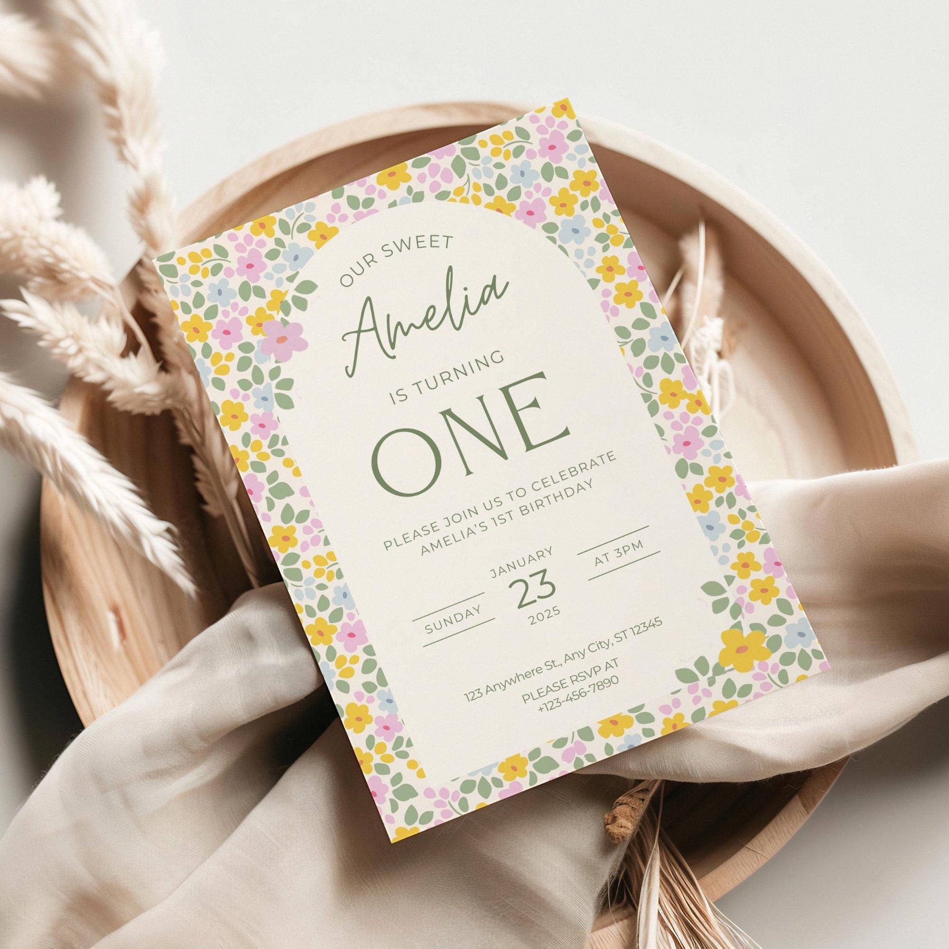 Floral First Birthday Invitation - Editable Digital Download - Girl Birthday Invite- Instant Download - Boho Floral Birthday Invite - Canva