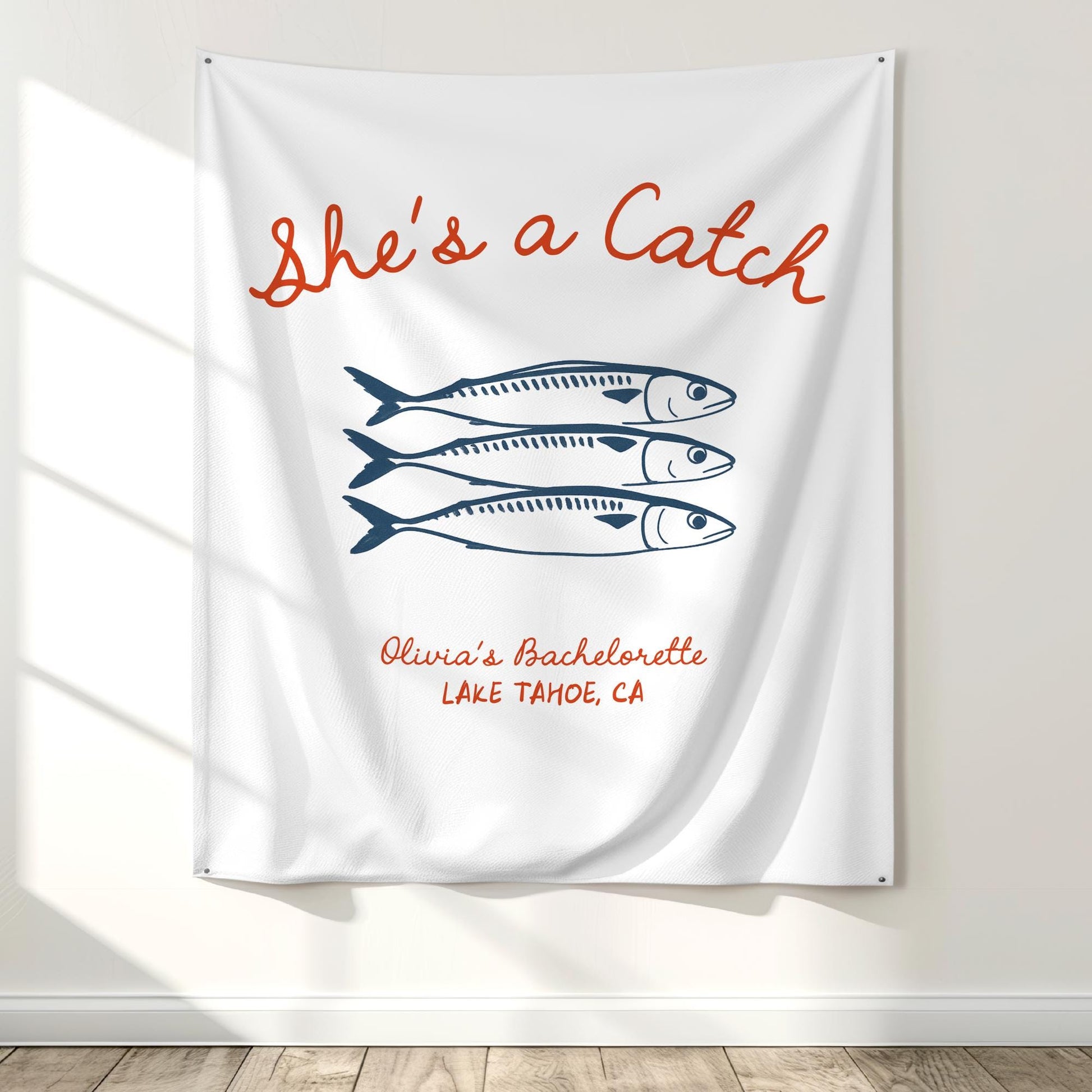 She's a Catch Bachelorette Banner Custom Fishing Theme Bachelorette Decor East Coast Bridal Shower Photo Backdrop Coastal Bachelorette Sign
