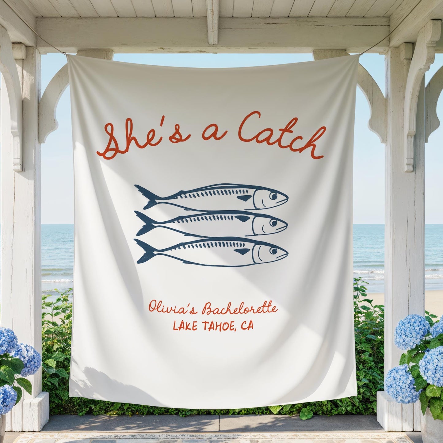 She's a Catch Bachelorette Banner Custom Fishing Theme Bachelorette Decor East Coast Bridal Shower Photo Backdrop Coastal Bachelorette Sign