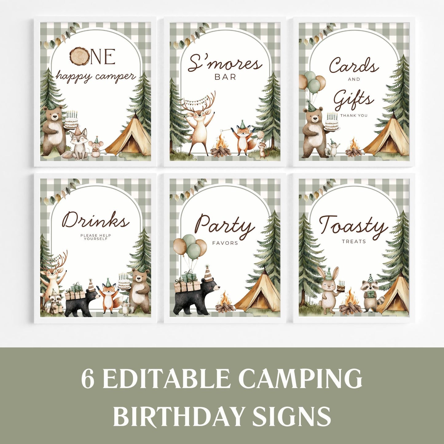 One Happy Camper Birthday Editable Sign Bundle Camping Themed first Birthday Premade signs Woodland 1st birthday table signs Wild One Party