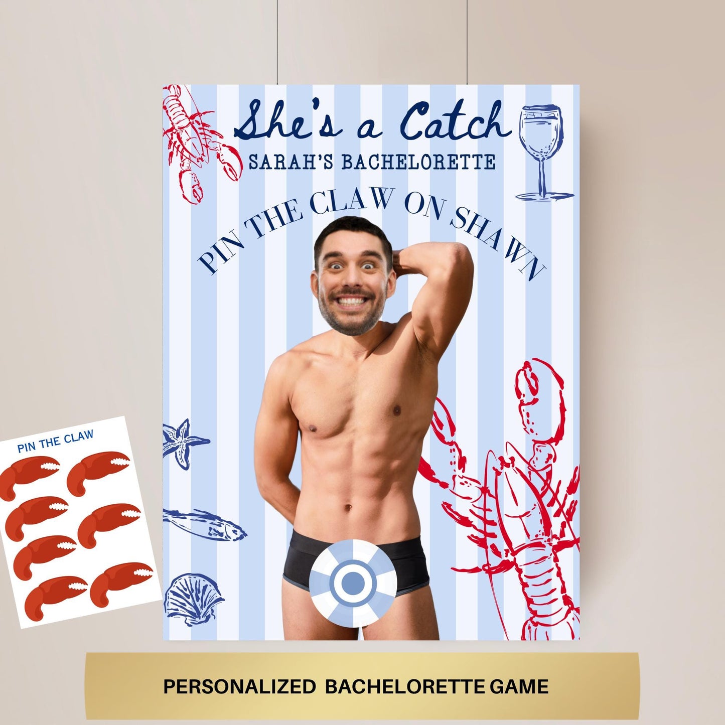 She's a Catch Bachelorette Party Game Coastal Bach Editable Games Groom Face Decor Fishing theme hen party Lobster Bach East Coast Bach Game