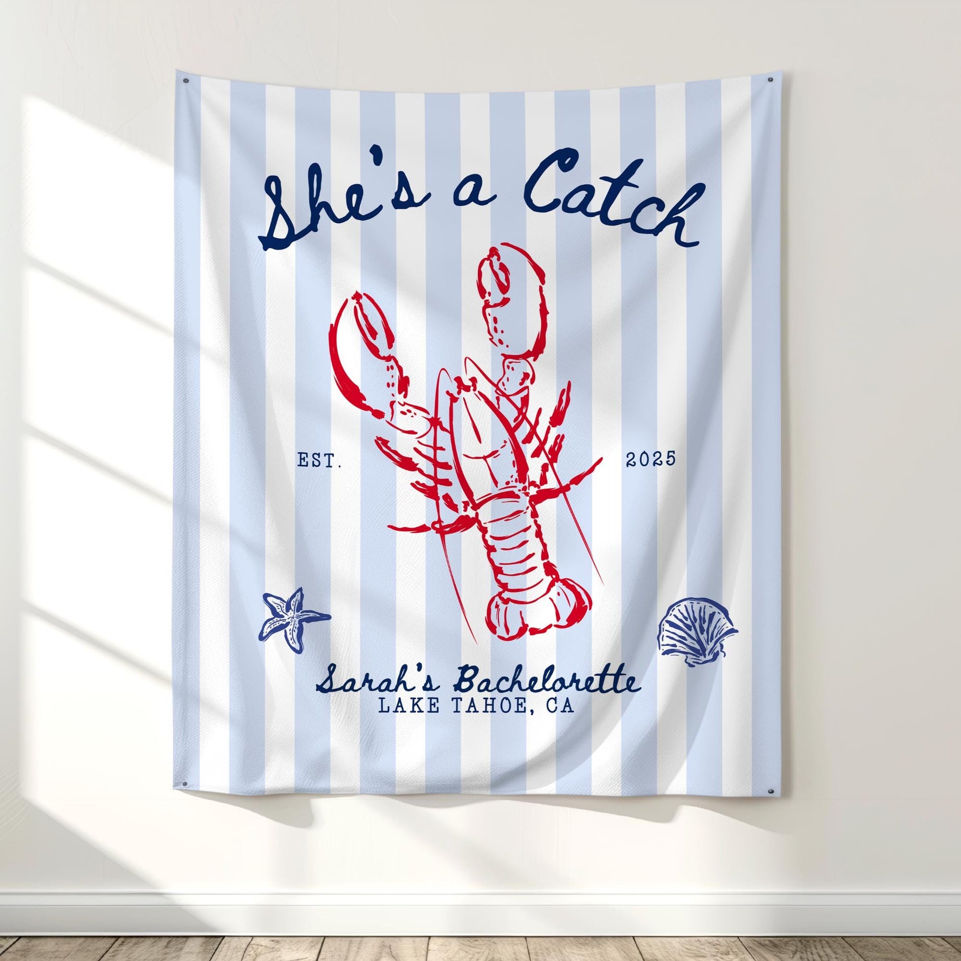 She's a Catch Bachelorette Banner Custom Lobster Theme Bachelorette Decor East Coast Bridal Shower Photo Backdrop Coastal Bachelorette Sign