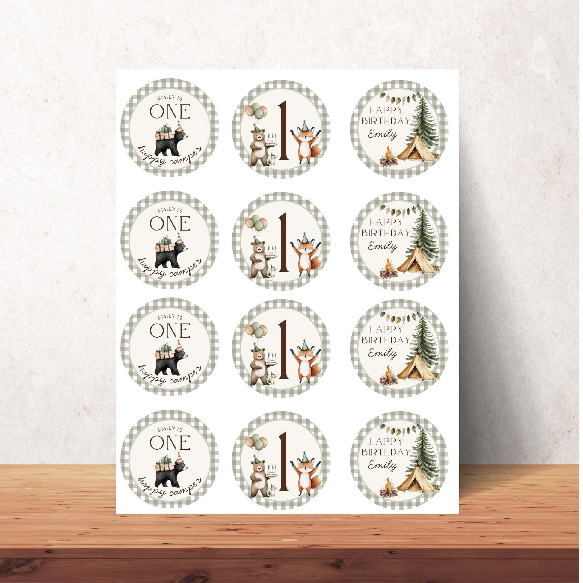 One Happy Camper Birthday Party Cupcake Toppers Editable Cake topper Camping themed Party Woodland First 1st Birthday Party Wild One