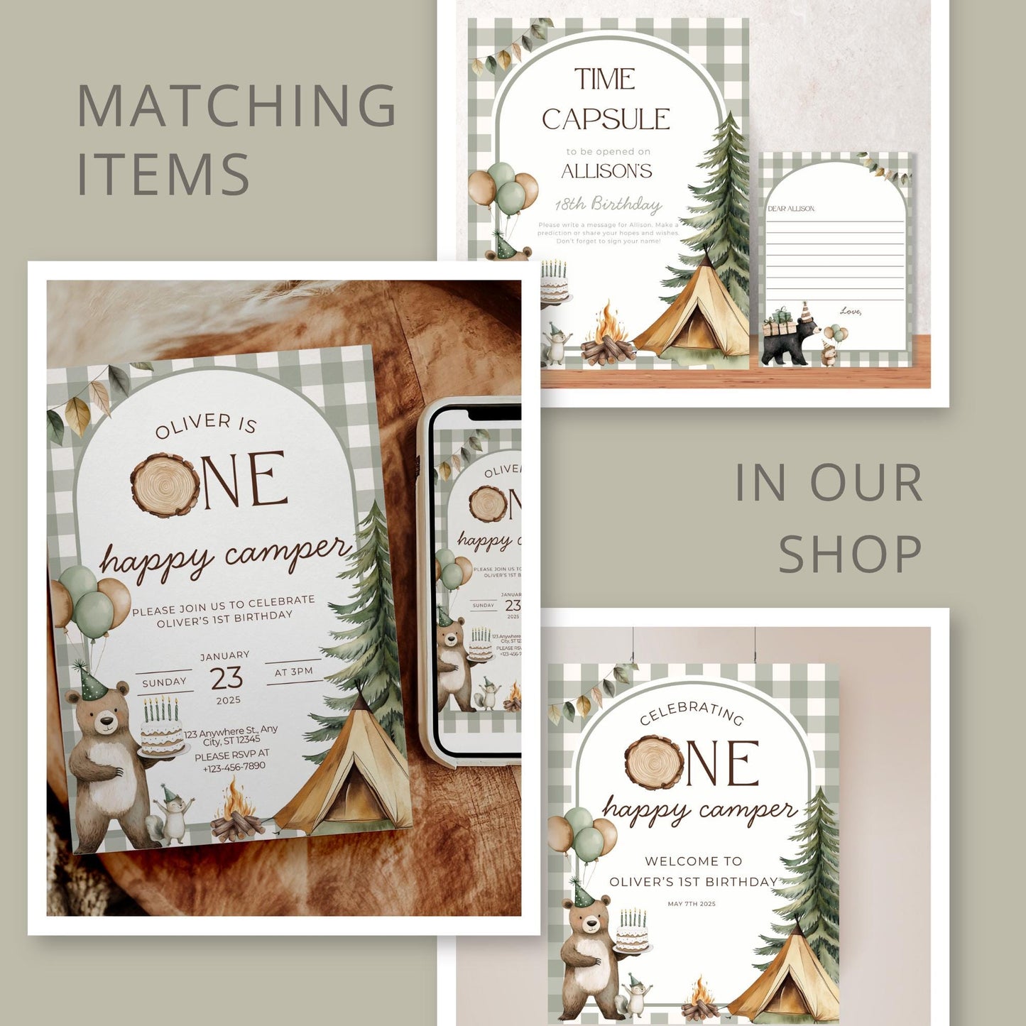 One Happy Camper Birthday Photo Milestone Banner Woodland 1st Birthday Bunting Banner Editable Template Monthly Milestone Photo Collage