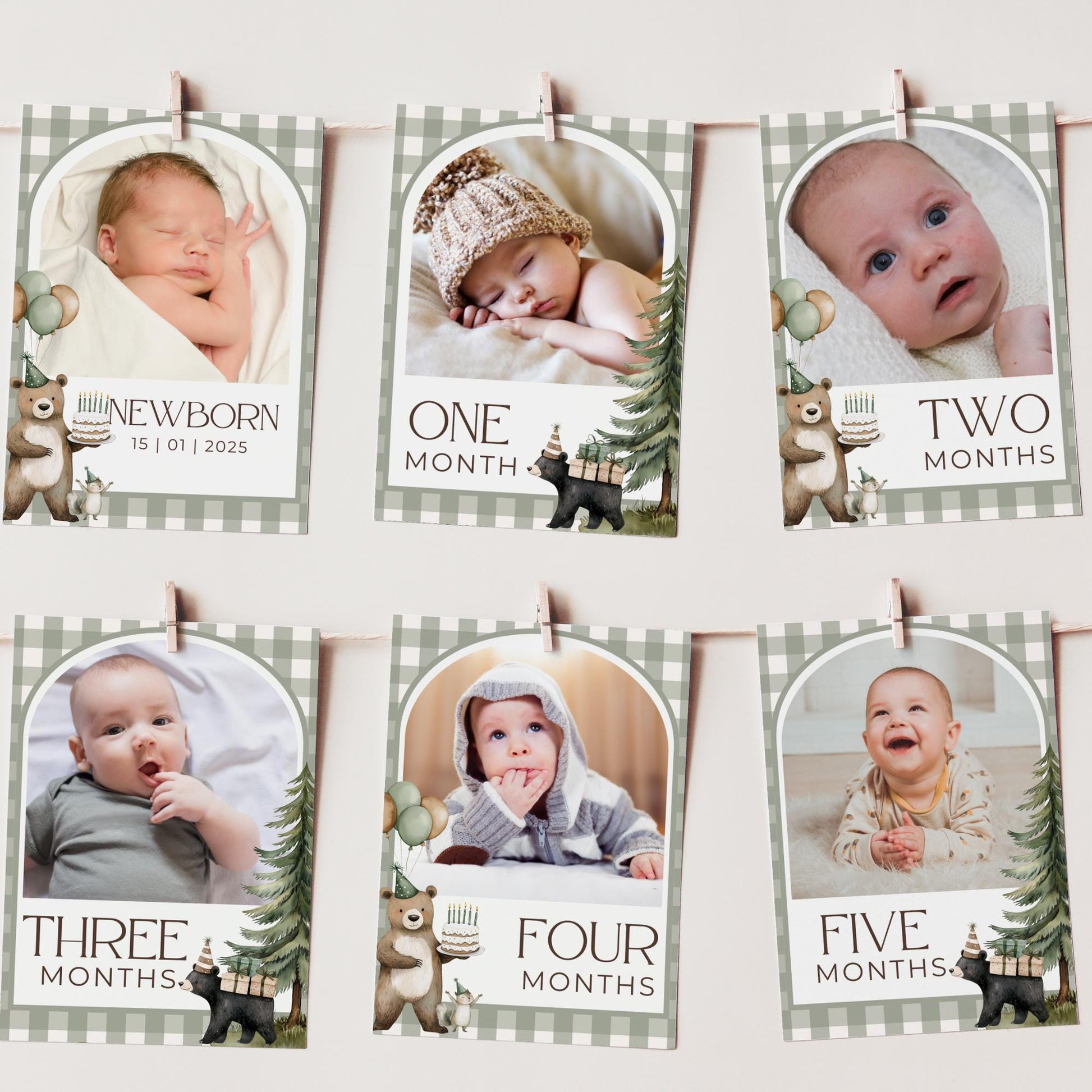 One Happy Camper Birthday Photo Milestone Banner Woodland 1st Birthday Bunting Banner Editable Template Monthly Milestone Photo Collage