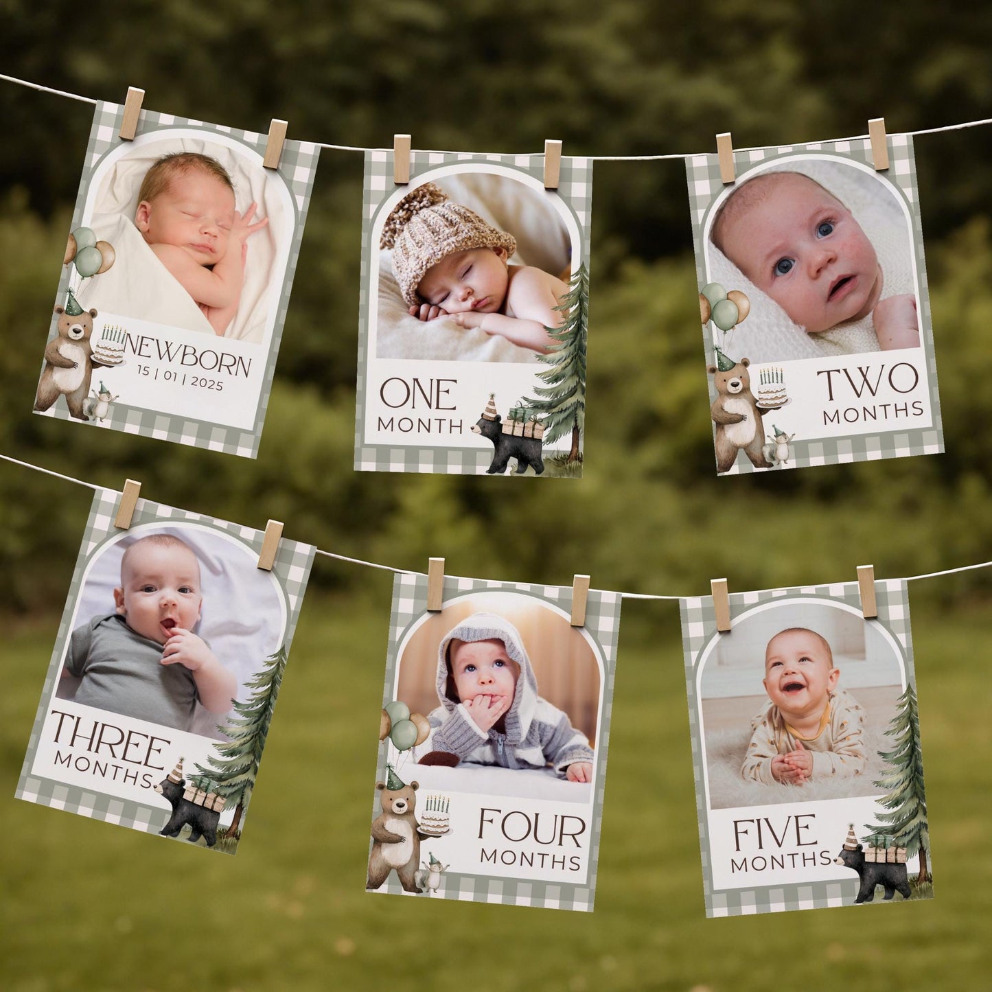 One Happy Camper Birthday Photo Milestone Banner Woodland 1st Birthday Bunting Banner Editable Template Monthly Milestone Photo Collage