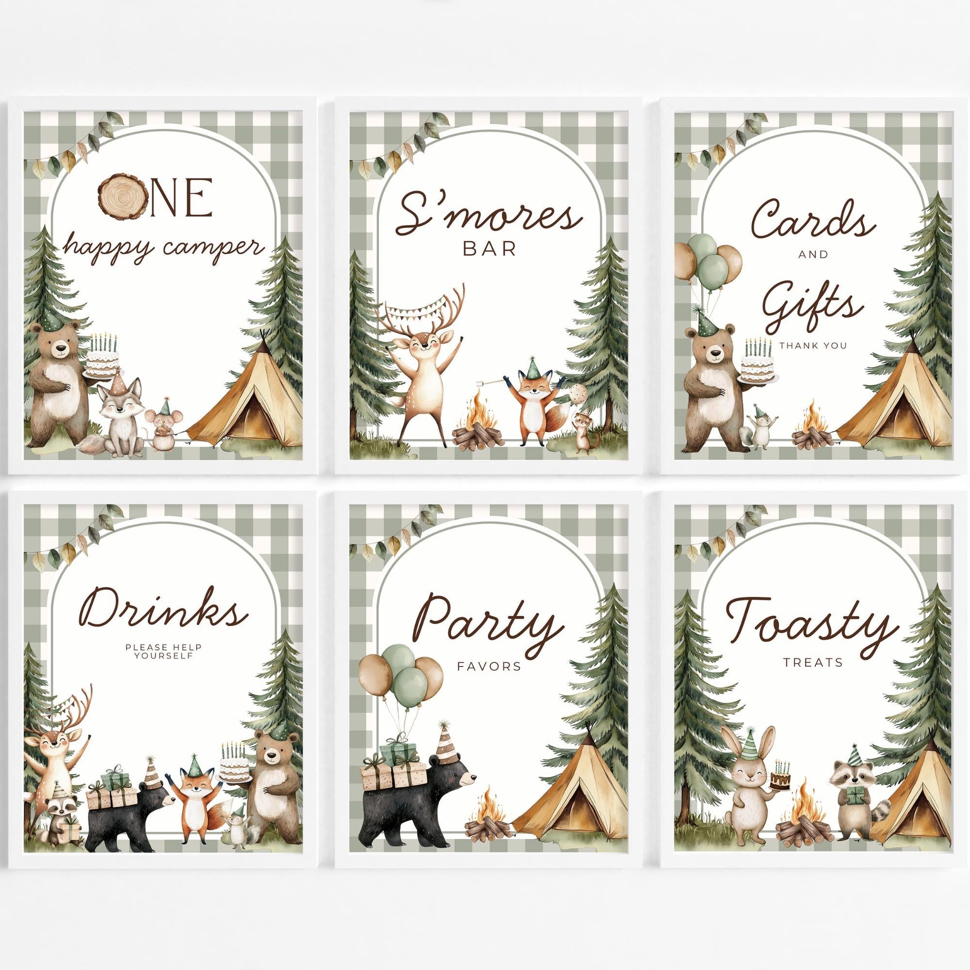 One Happy Camper Birthday Editable Sign Bundle Camping Themed first Birthday Premade signs Woodland 1st birthday table signs Wild One Party
