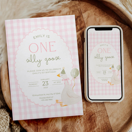 One Silly Goose Birthday Invite Vintage Floral First Birthday 1st Birthday Silly Goose Decor Editable  Invitation Nursery Rhyme Birthday